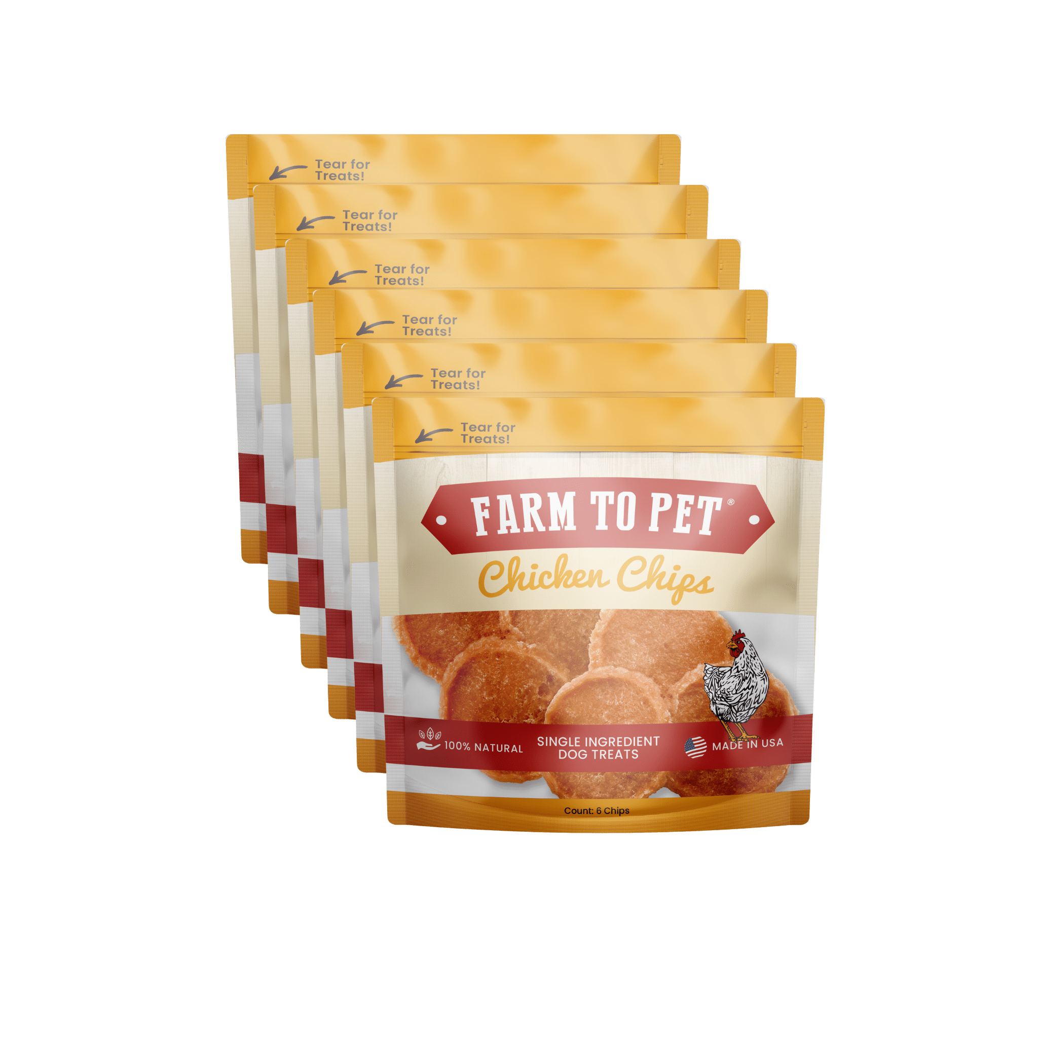  Infographic Product Picture of Farmto-pettreats Chicken Chips snack packs front design six pieces set in white background.