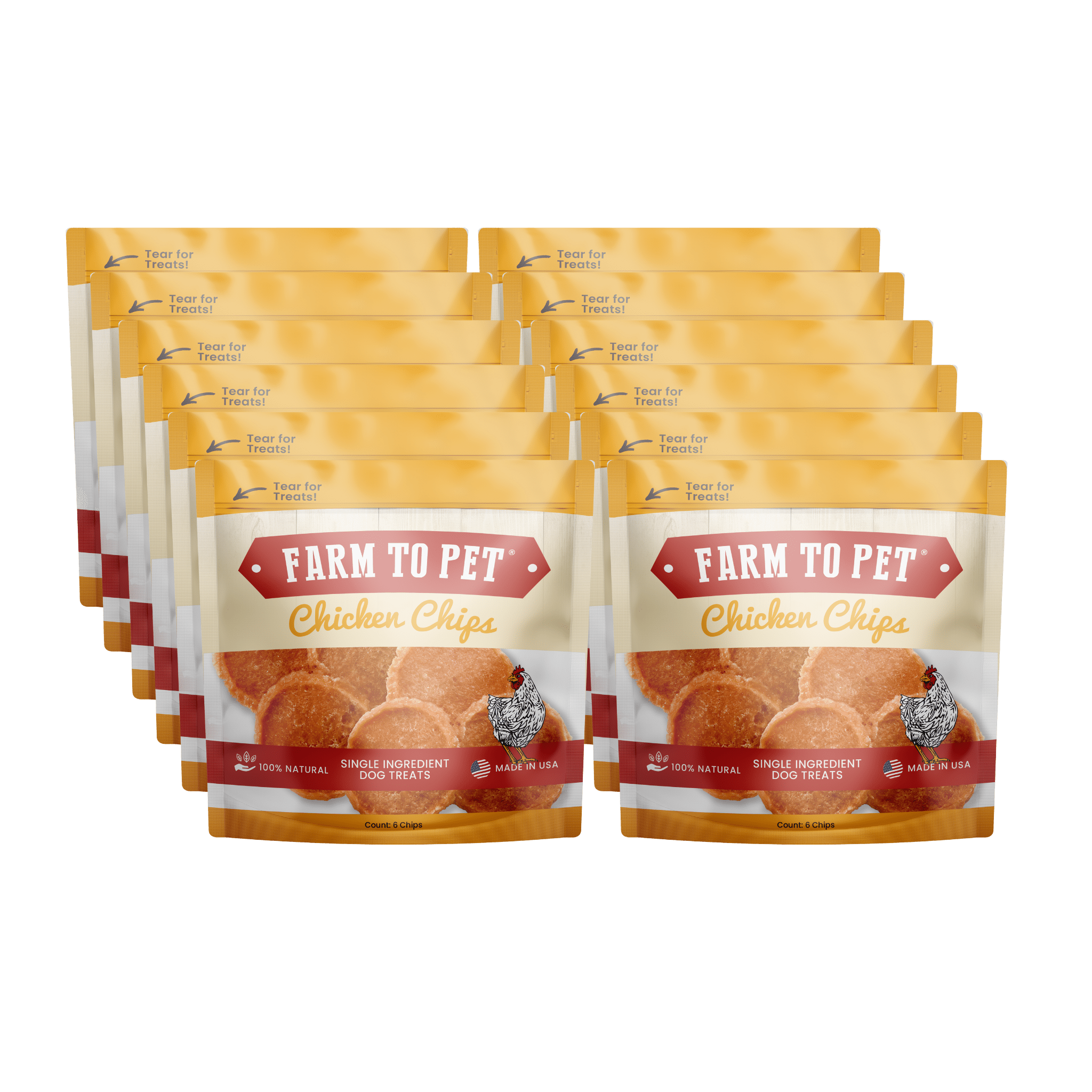 Infographic Product Picture of Farmto-pettreats Chicken Chips snack packs front design twelve pieces set in white background.
