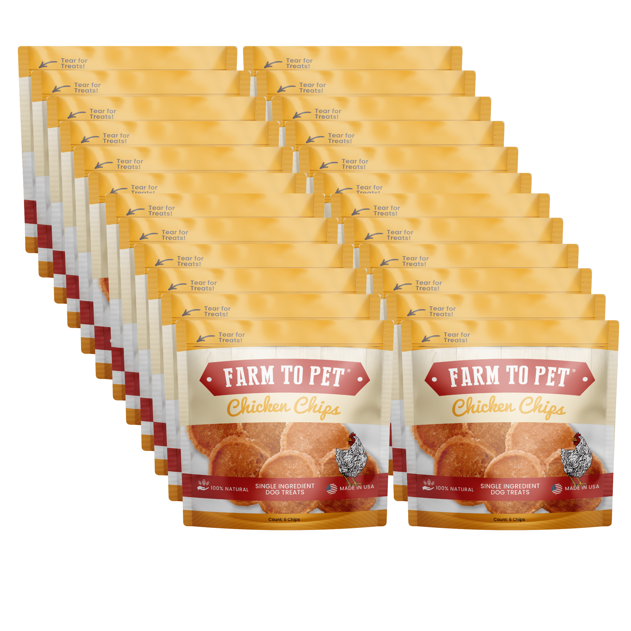 Infographic Product Picture of Farmto-pettreats Chicken Chips snack packs front design twenty four pieces set in white background.