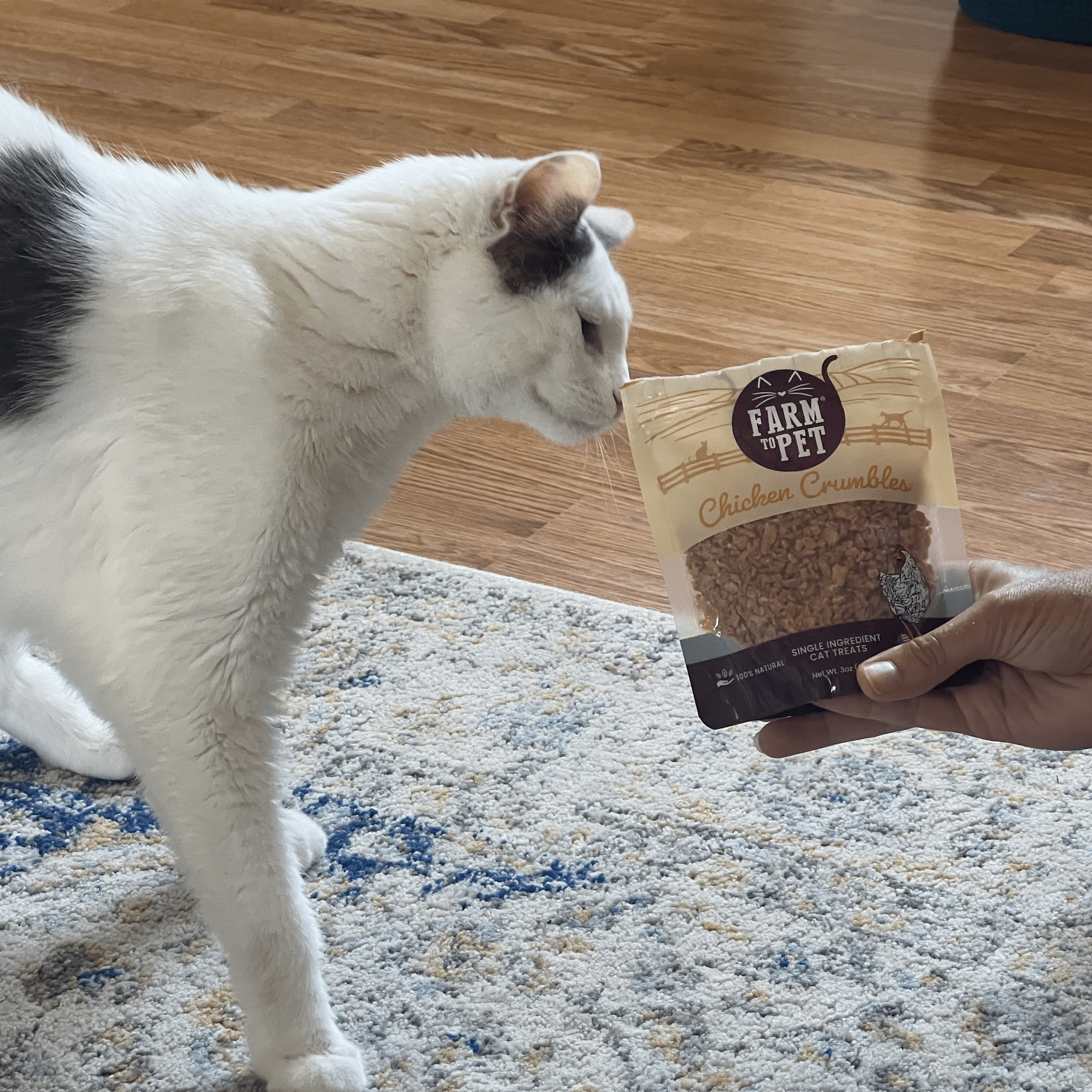 Product picture of  Farmto-pettreats Chicken Crumbles a hand holding the bag for a white cat.
