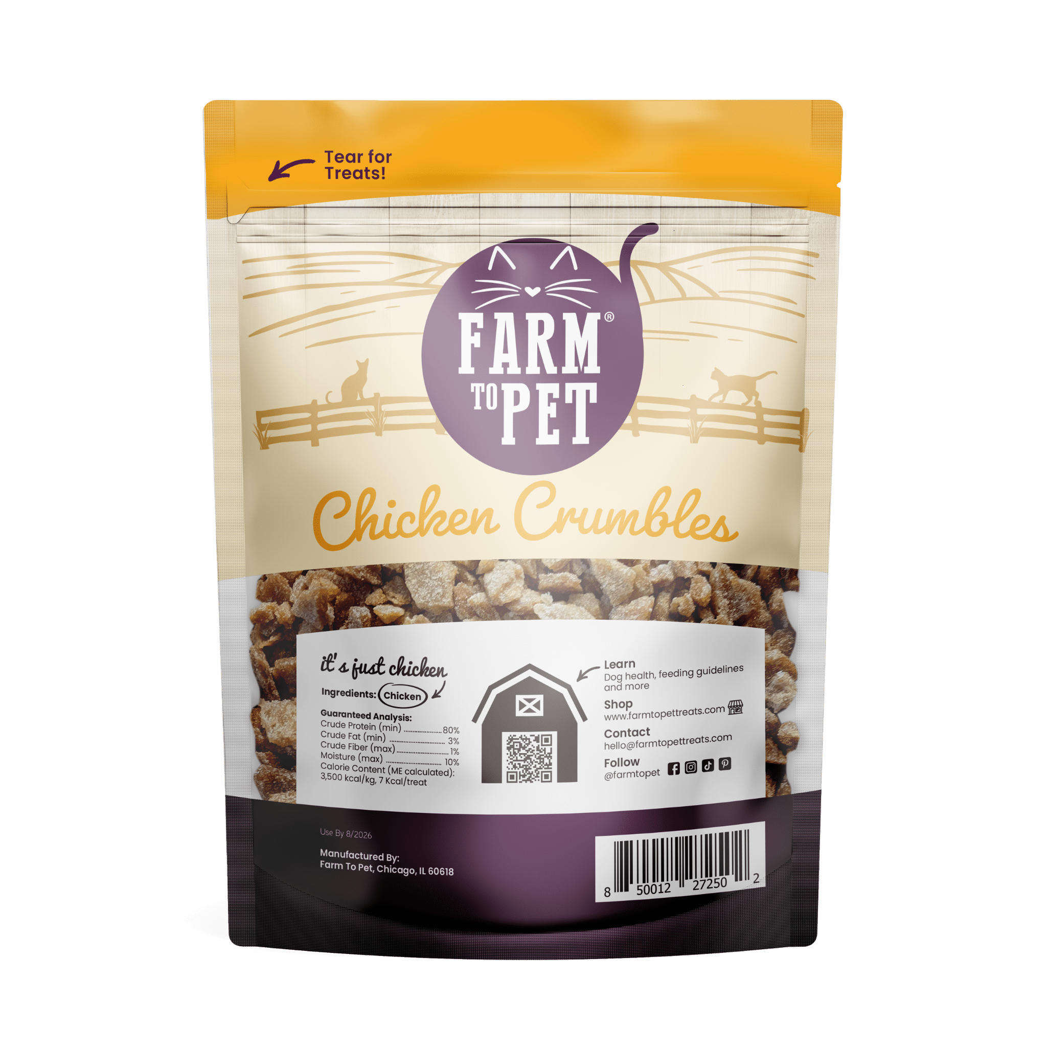 Product picture of back of bag  Farmto-pettreats Chicken Crumbles for cats 3 oz bag with a white background.