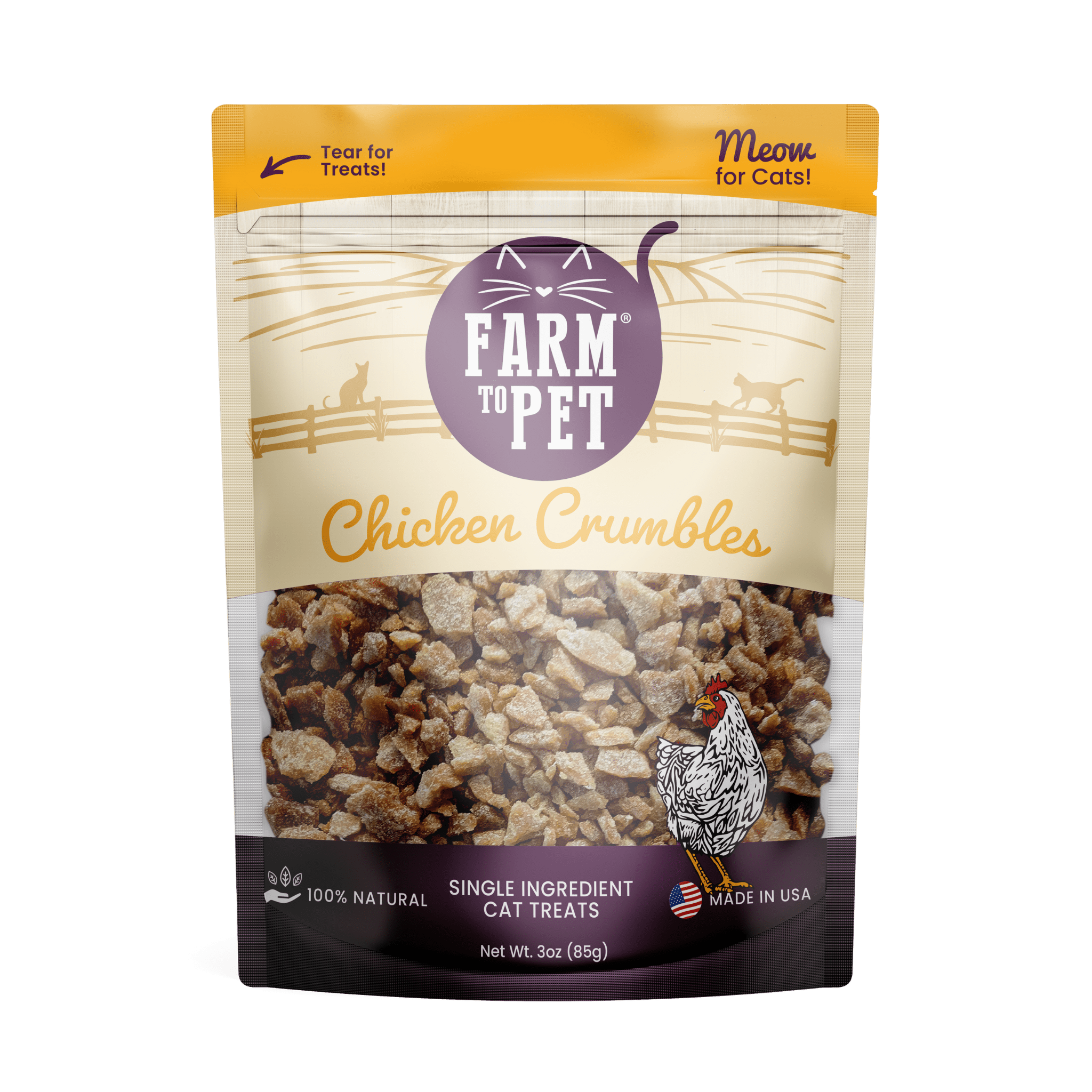 Product picture of Farmto-pettreats Chicken Crumbles for cats front of bag with white background.
