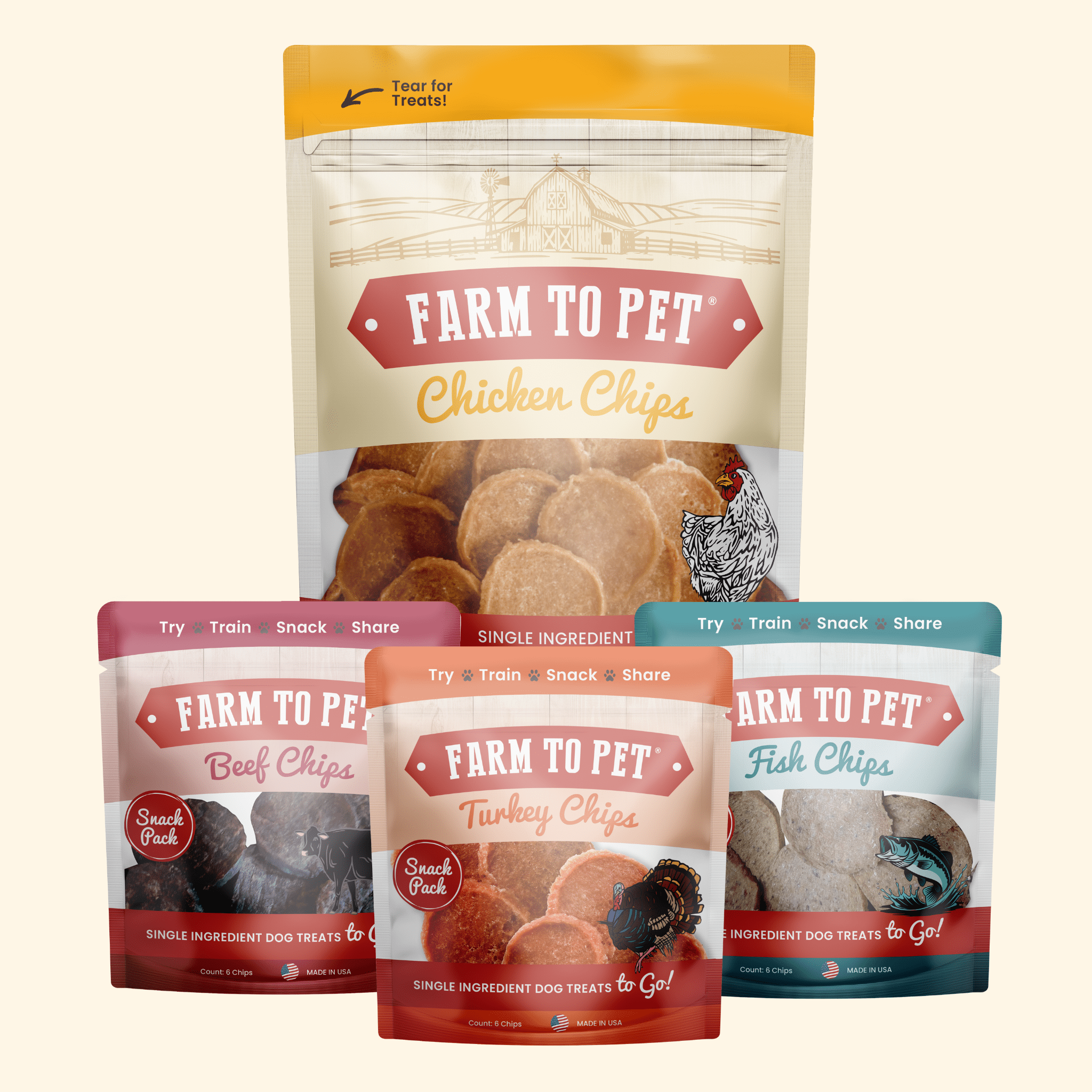 A collection of Farmto-pettreats branded dog treat packages on a white background.