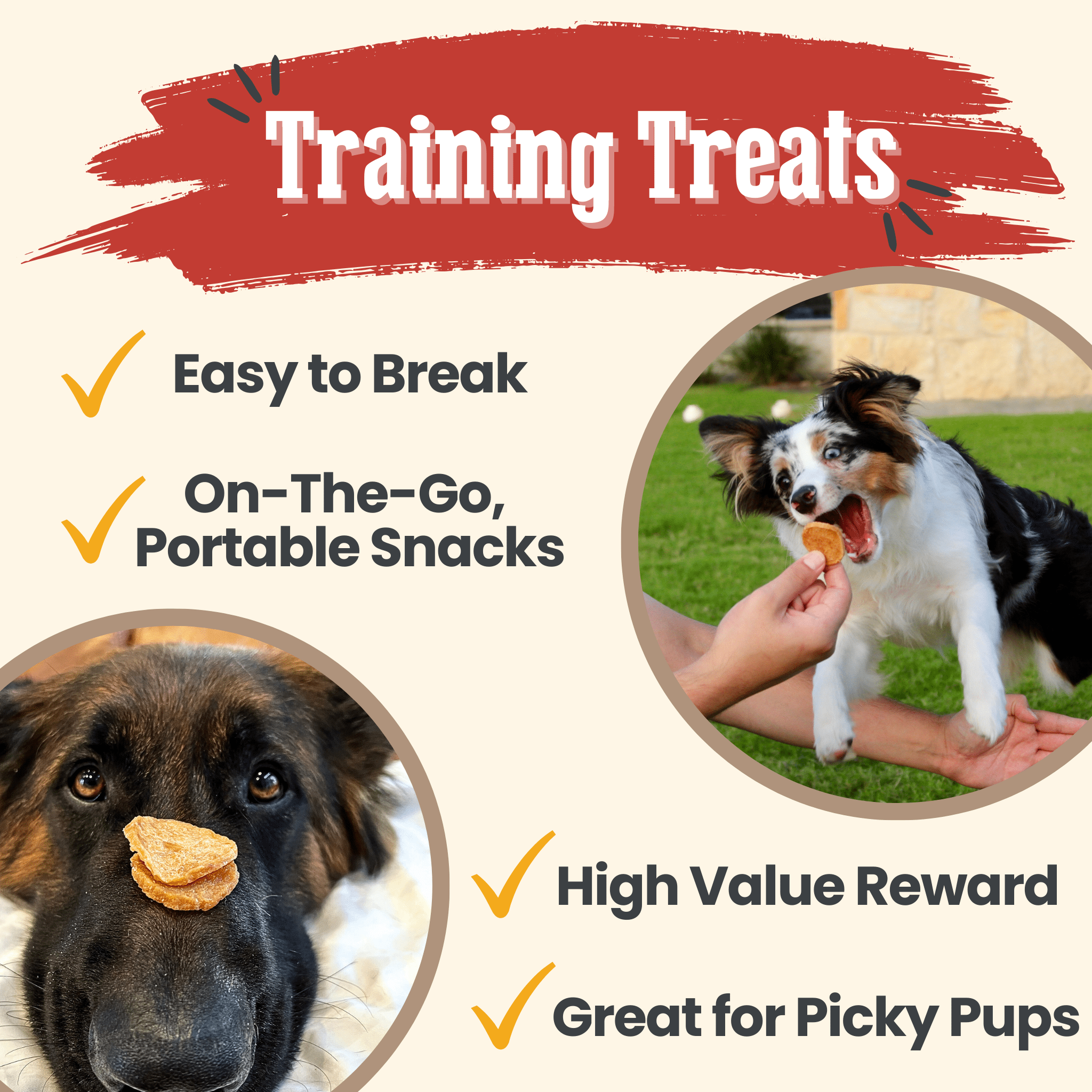 Farmto-pettreats dog training treats with a dog eating a treat and another dog with a treat on its nose, set against a beige background.