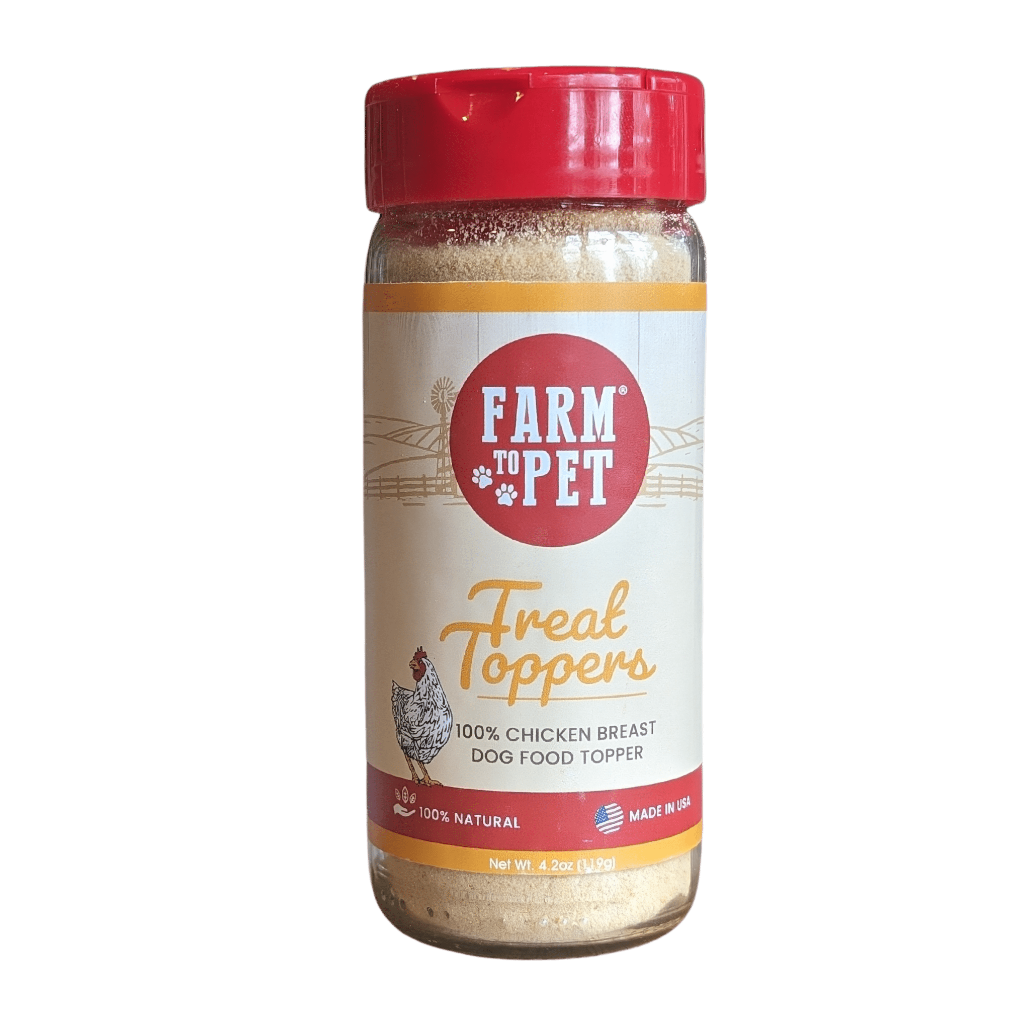 Product Picture of Farmto-pettreats Chicken Treat Dog Food Topper front of jar in white background.