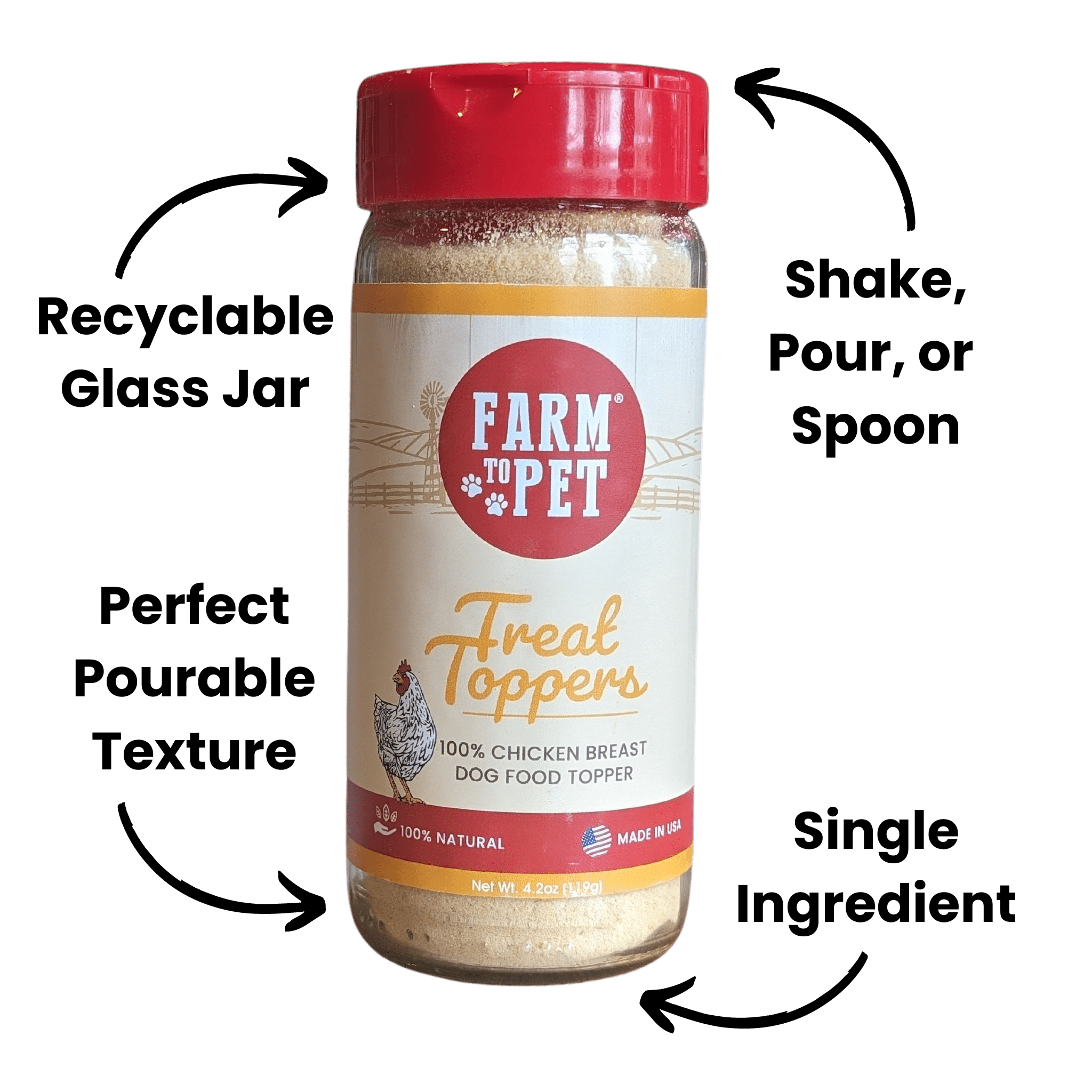 Product picture of front of jar Farmto-pettreats Chicken Treat Toppers 