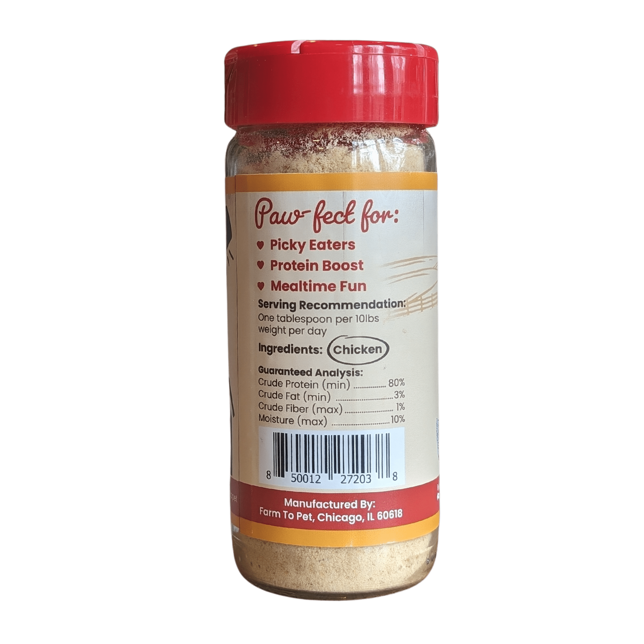 Product Picture of Farmto-pettreats Chicken Treat Dog Food Topper back of jar in white background. 
