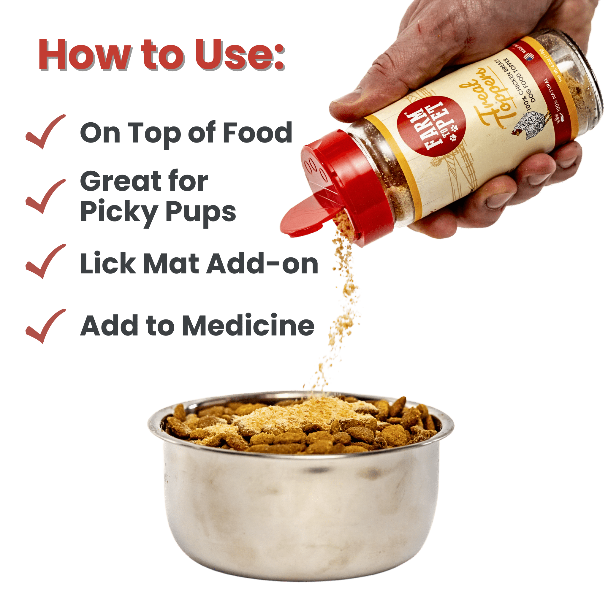 Infographic of a Farmto-pettreats Chicken Toppers jar  hand sprinkling into a white bowl of kibble.