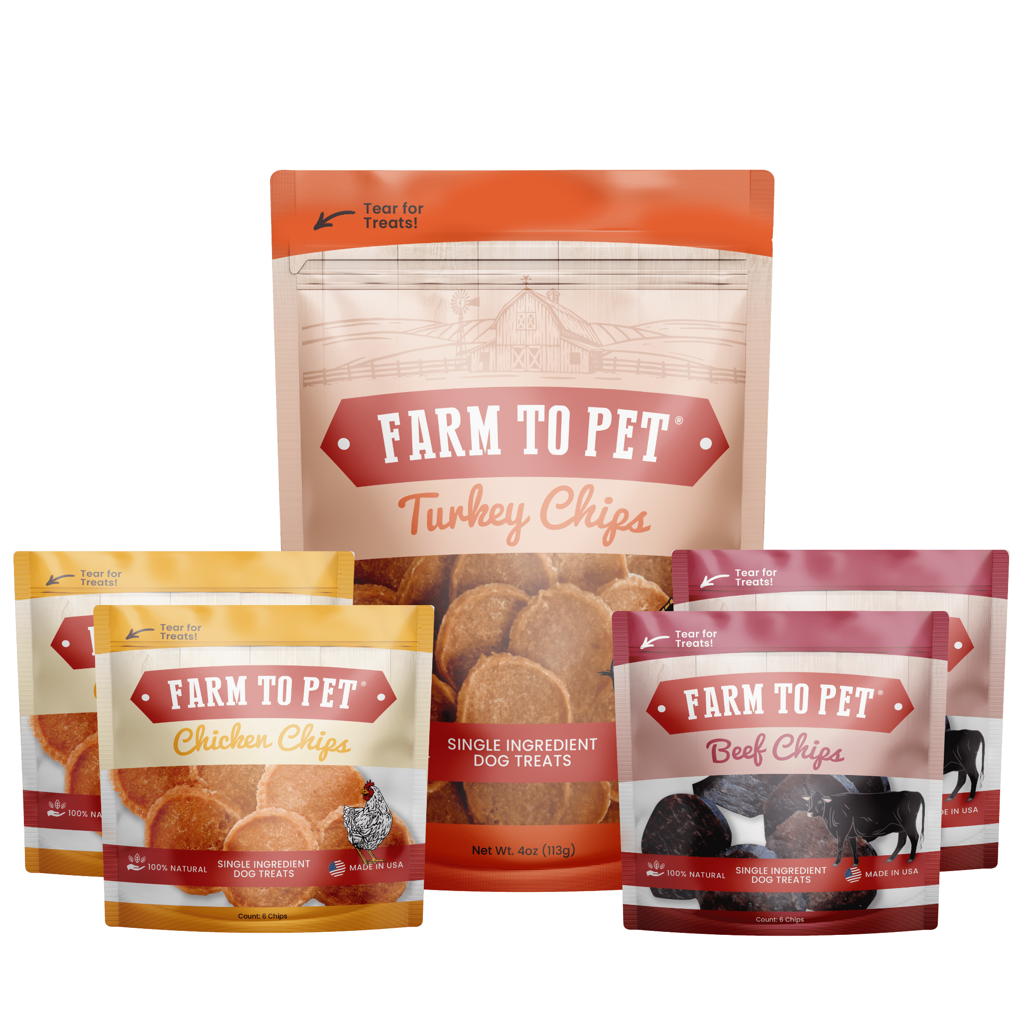 Product picture of Farmto-pettreats Chicken 4 oz. bag , Turkey and Beef snack packs with a white background.