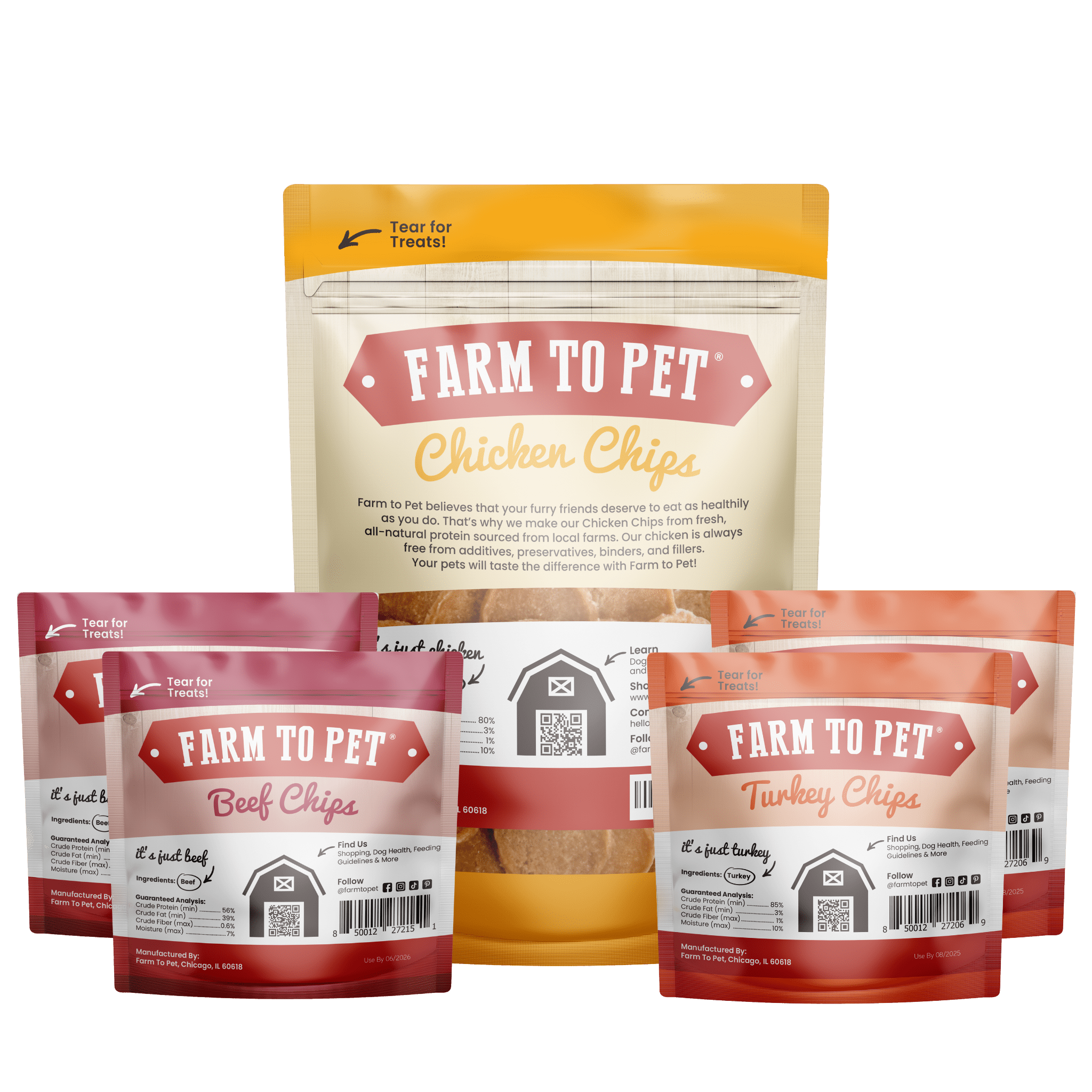 Product picture the back of bags Farmto-pettreats 1 Chicken, 2 Turkey and 2 Beef Treat Puppy Pack on a white background.