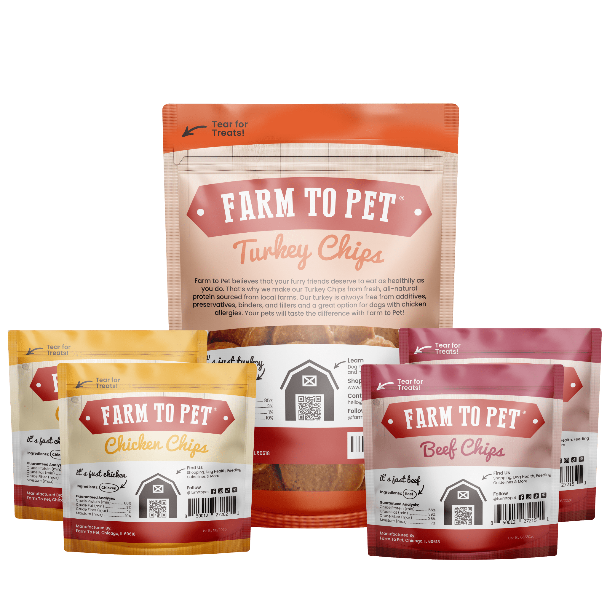 Product picture the back of bags Farmto-pettreats 1 Turkey 4 oz., 2 chicken and 2 Beef Treat Puppy Pack on a white background.