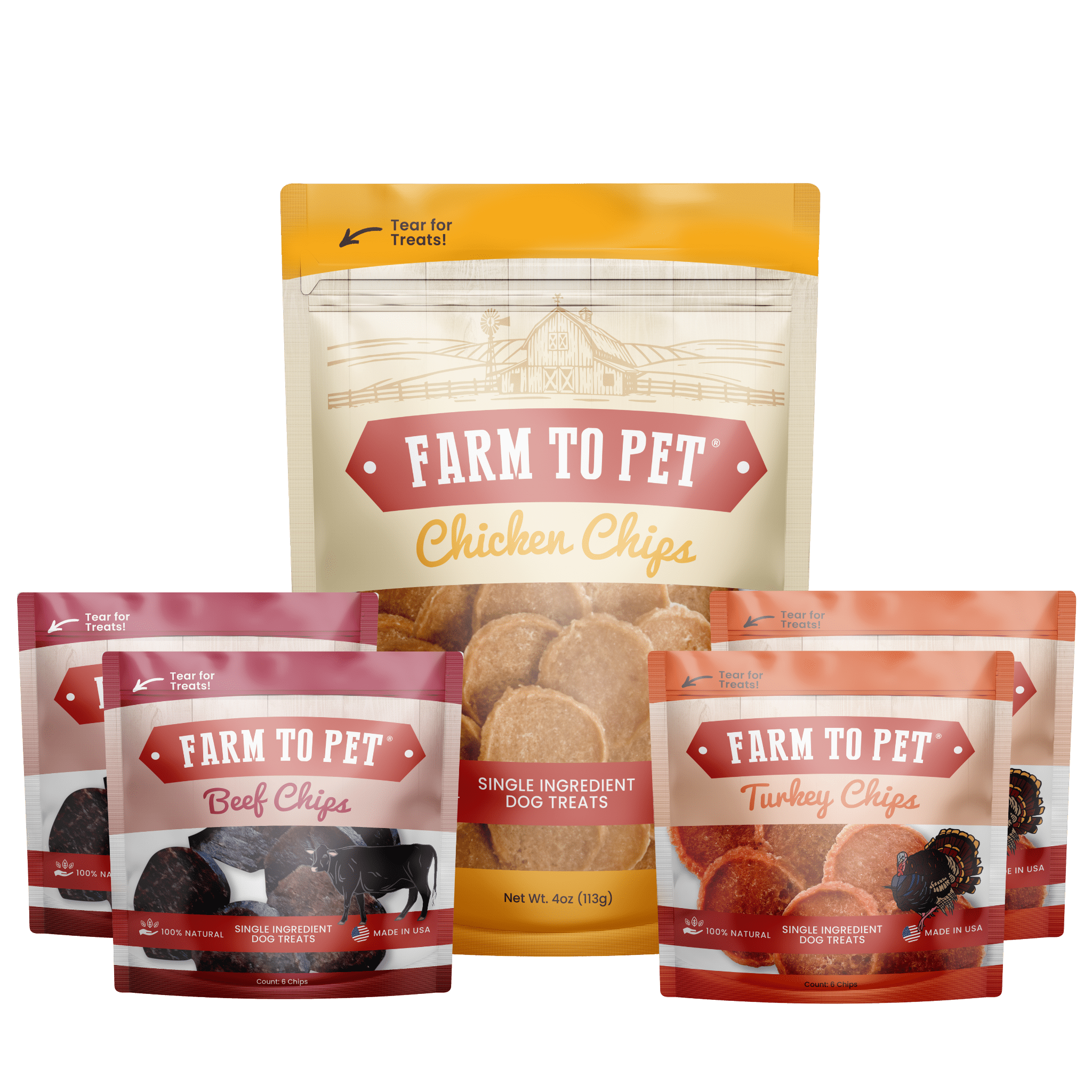 Product picture the front of bags Farmto-pettreats 1 Chicken, 2 Turkey and 2 Beef Treat Puppy Pack on a white background.