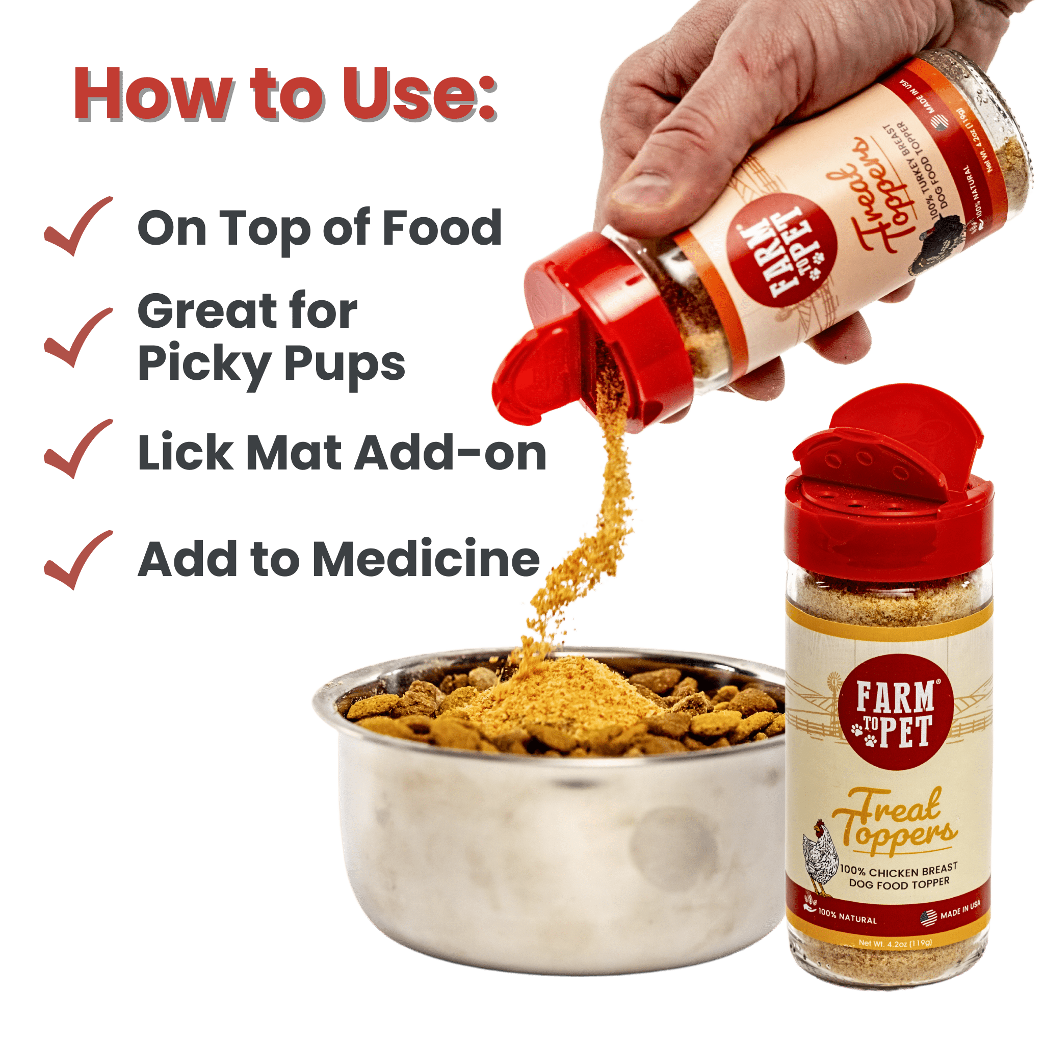  Infographic of A bowl of food topped with Farmto-pettreats Chicken & Turkey Combo Topper Pack with description of how to use.