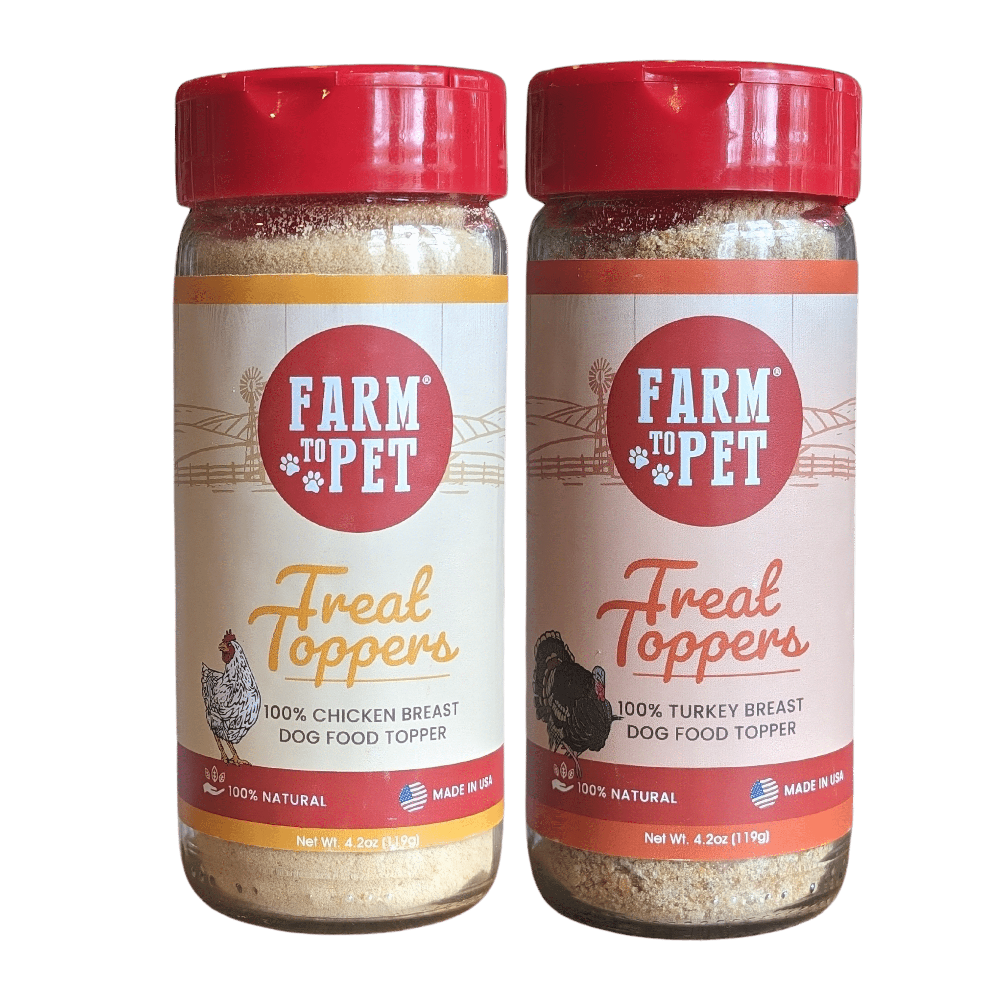 Product Picture of Farmto-pettreats Chicken and Turkey Treat Toppers Bundle jar with white background.
