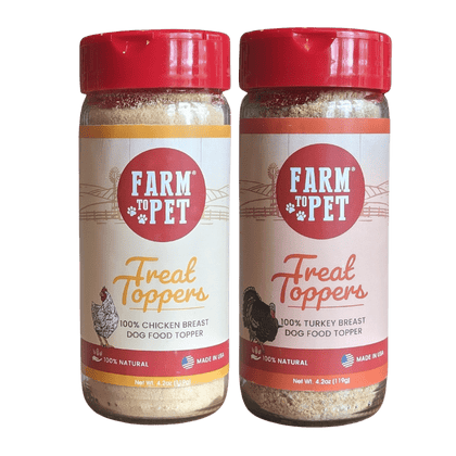 Product Picture of Farmto-pettreats Chicken and Turkey Treat Toppers Bundle jar with white background.
