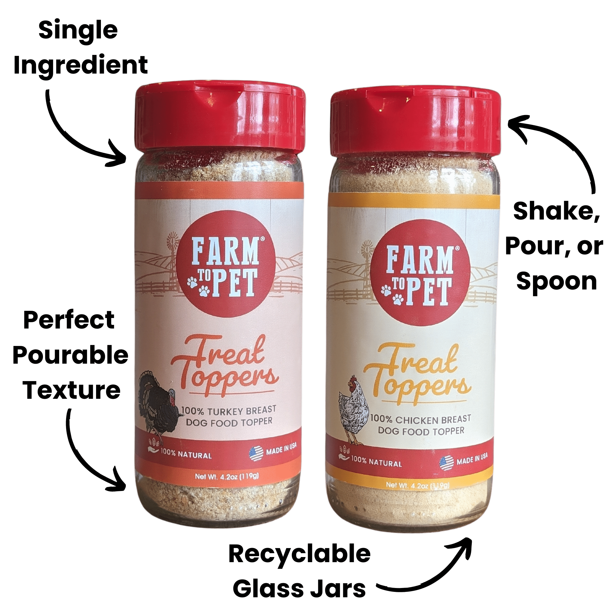 Product picture of Farmto-pettreats Chicken and Turkey Treat Toppers Bundle front of jars. 