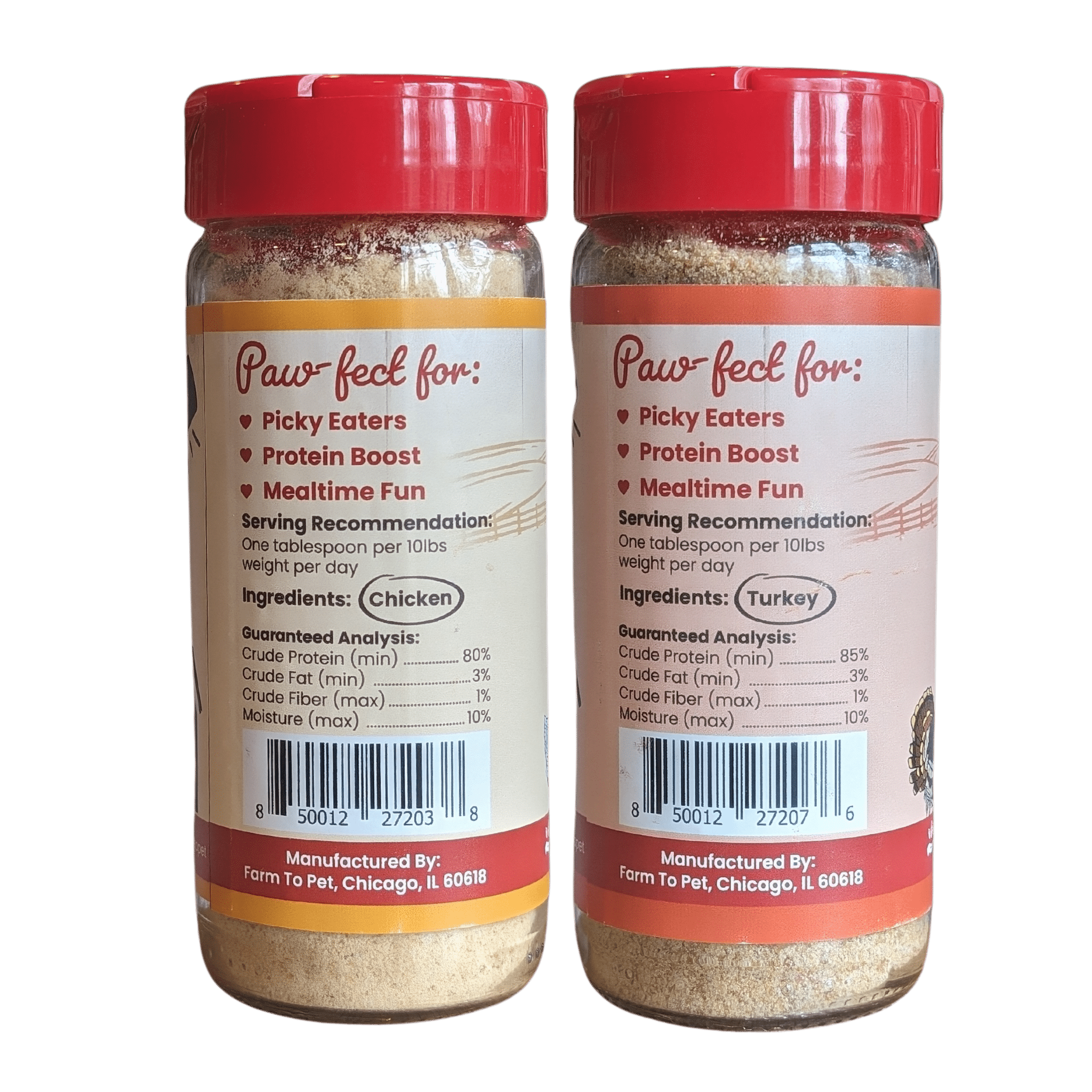 Product Picture of Back of Jars Farmto-pettreats Chicken and Turkey Treat Toppers with single ingredient circled.