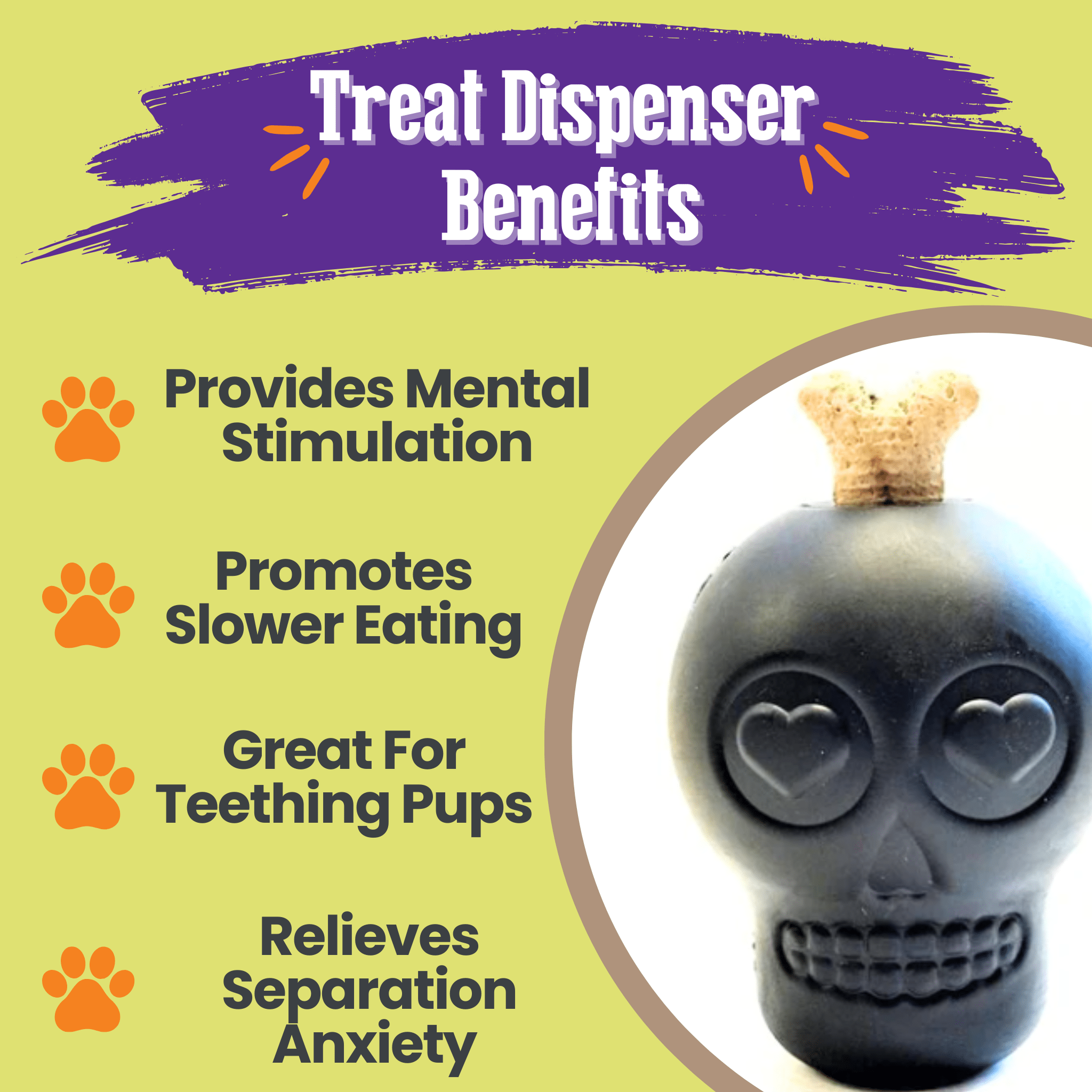 Farmto-pettreats Dog Treat Dispenser Black Skull with benefits listed on a green background.