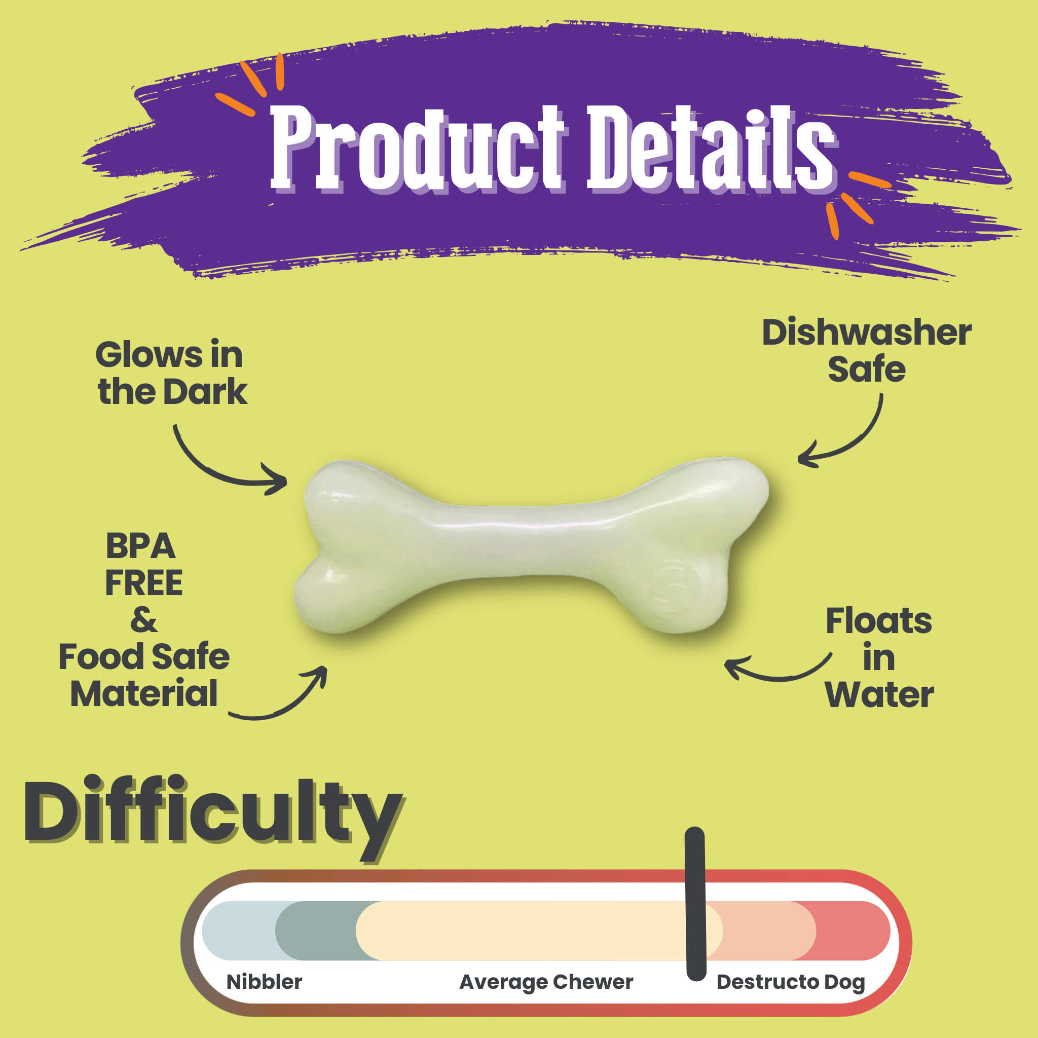 Farmto-pettreats Dog Treat Dispenser white bone glow in the dark product details listed on a green background