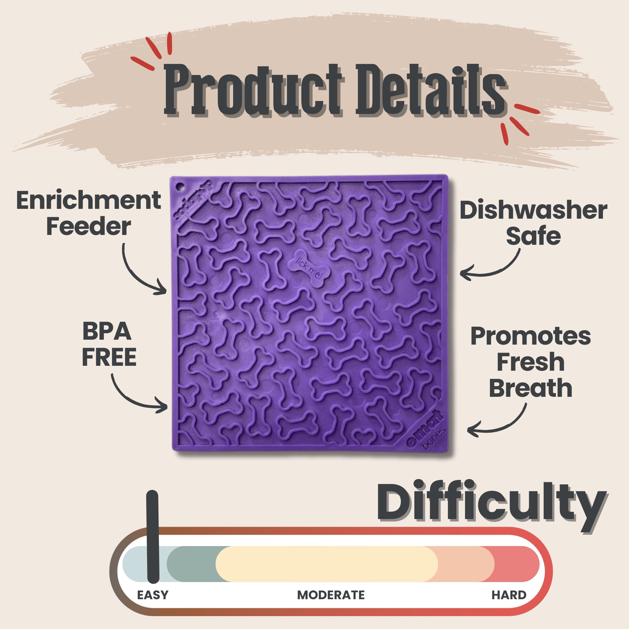 Farmto-pettreats Purple textured lick mat with bones and text detailing features and ease of use on a beige background.