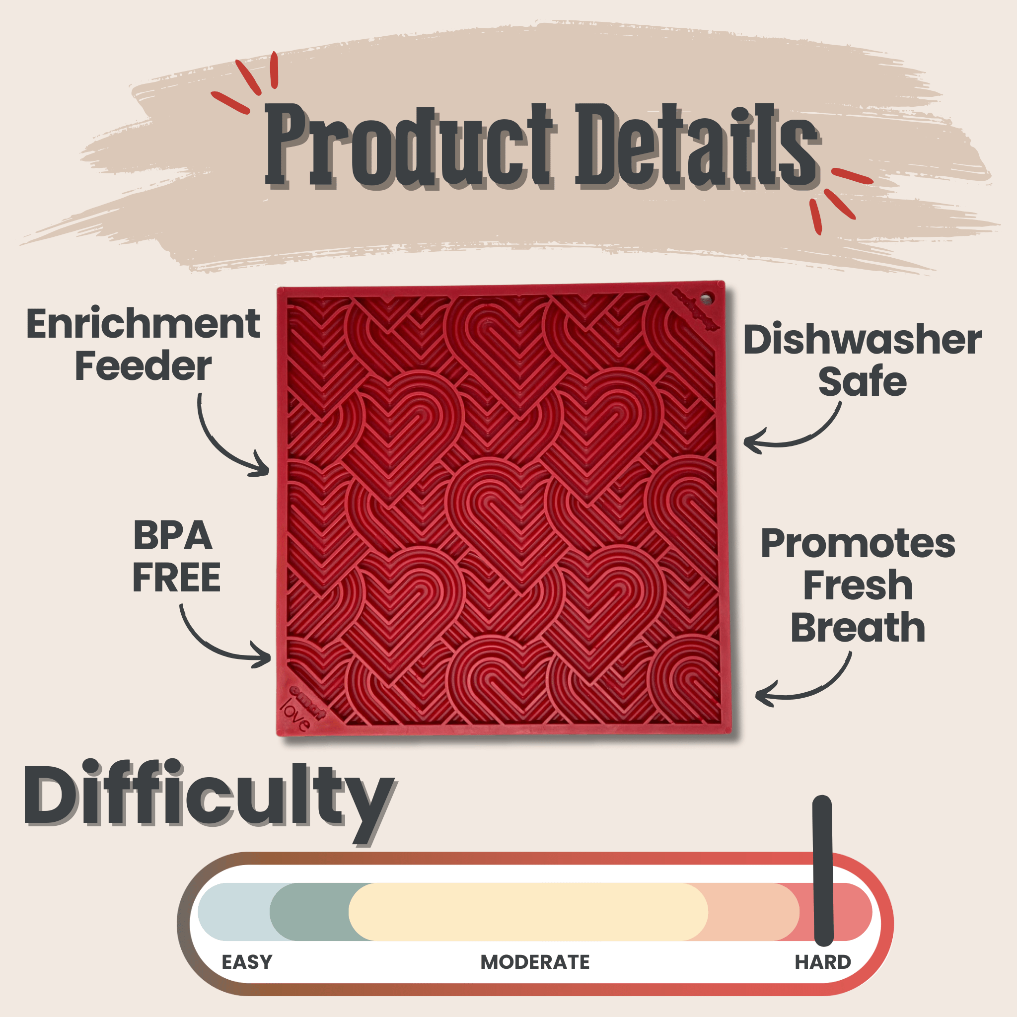 Farmto-pettreats Red Hearts Lick Mat textured product with features listed on a beige background.