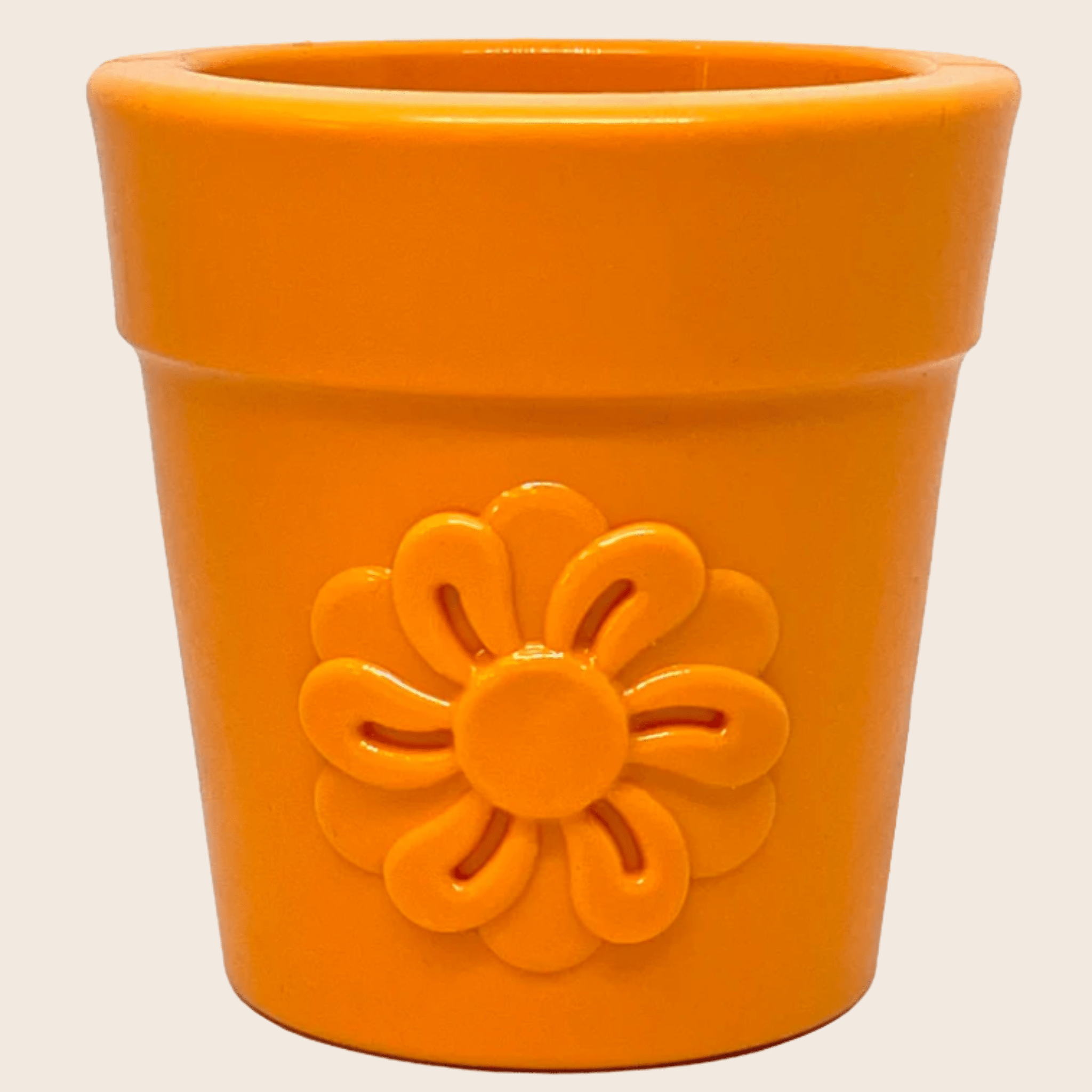 Farmto-pettreats Orange flower pot Dog Treat Dispenser with a sunflower design on front on a beige background.