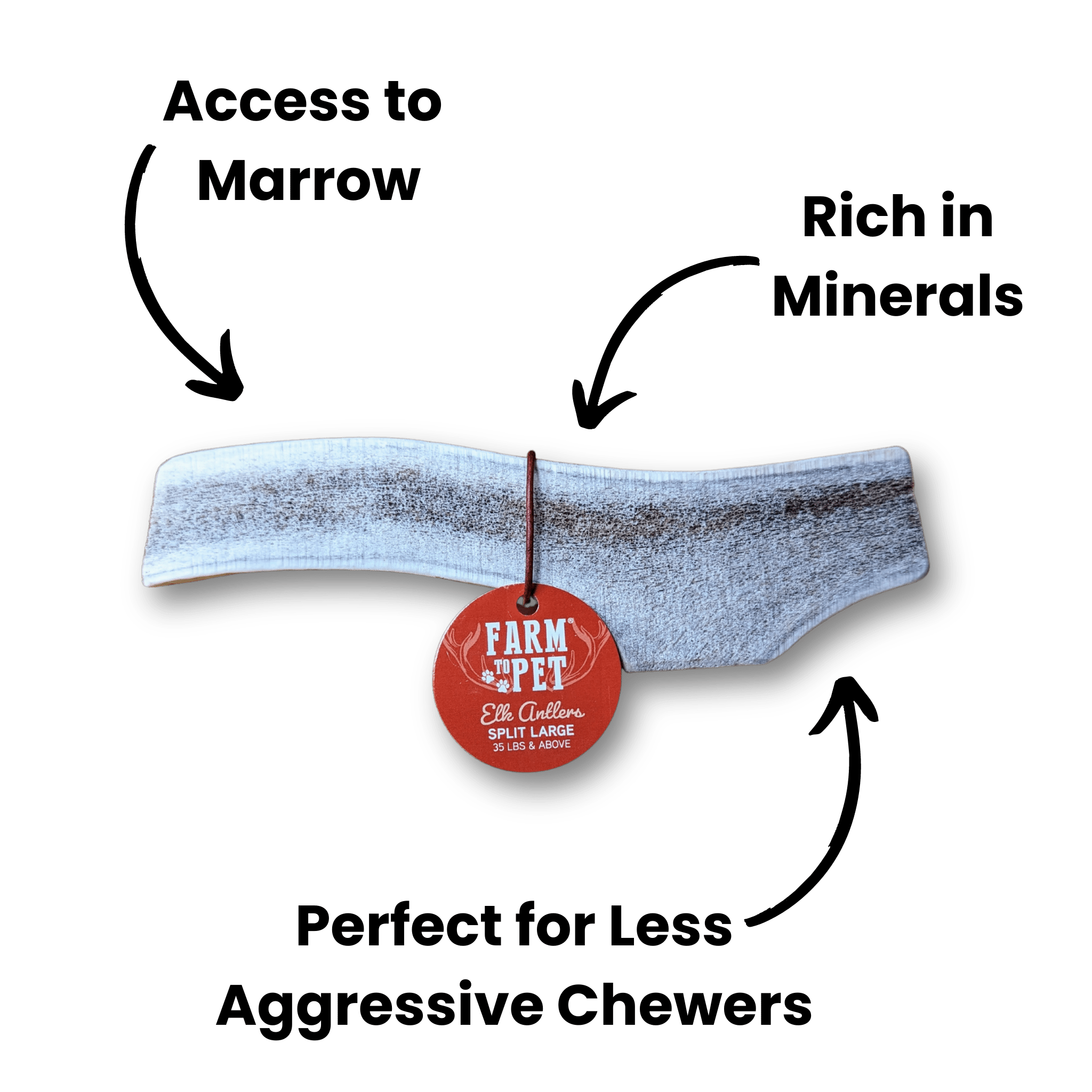 Infographic of a Farmto-pettreats Split Large Dog Chew on a white background.
