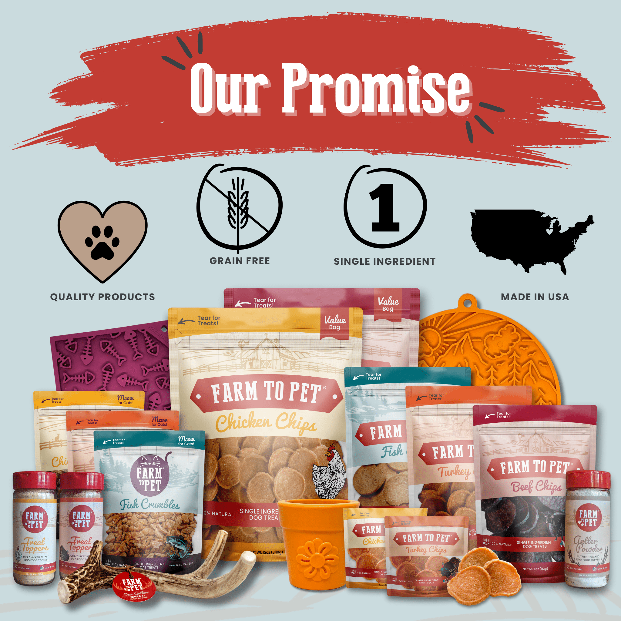 Farmto-pettreats Assorted pet food products and accessories with branding elements on a light blue background
