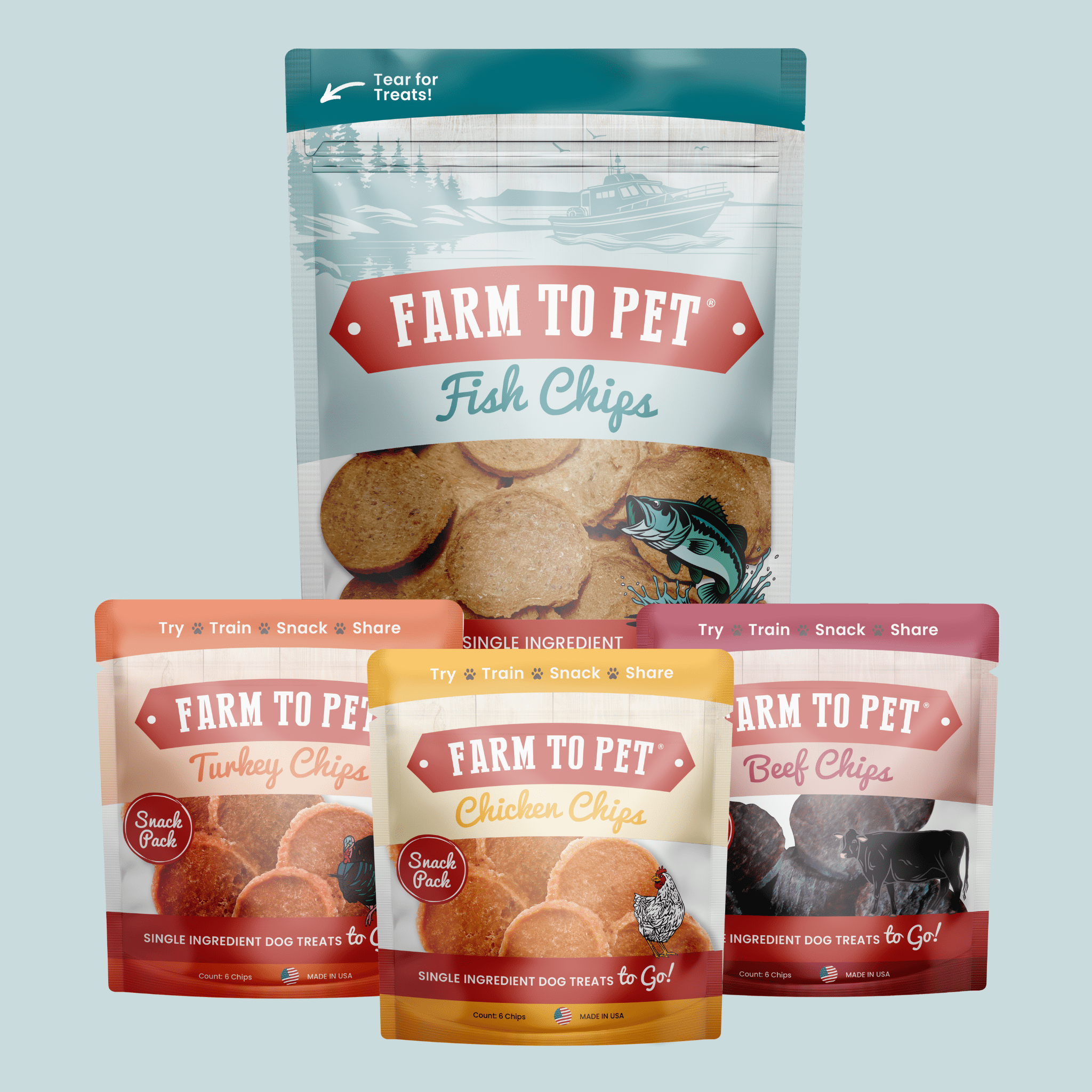 Farmto-pettreats dog treat packages on a light blue background.