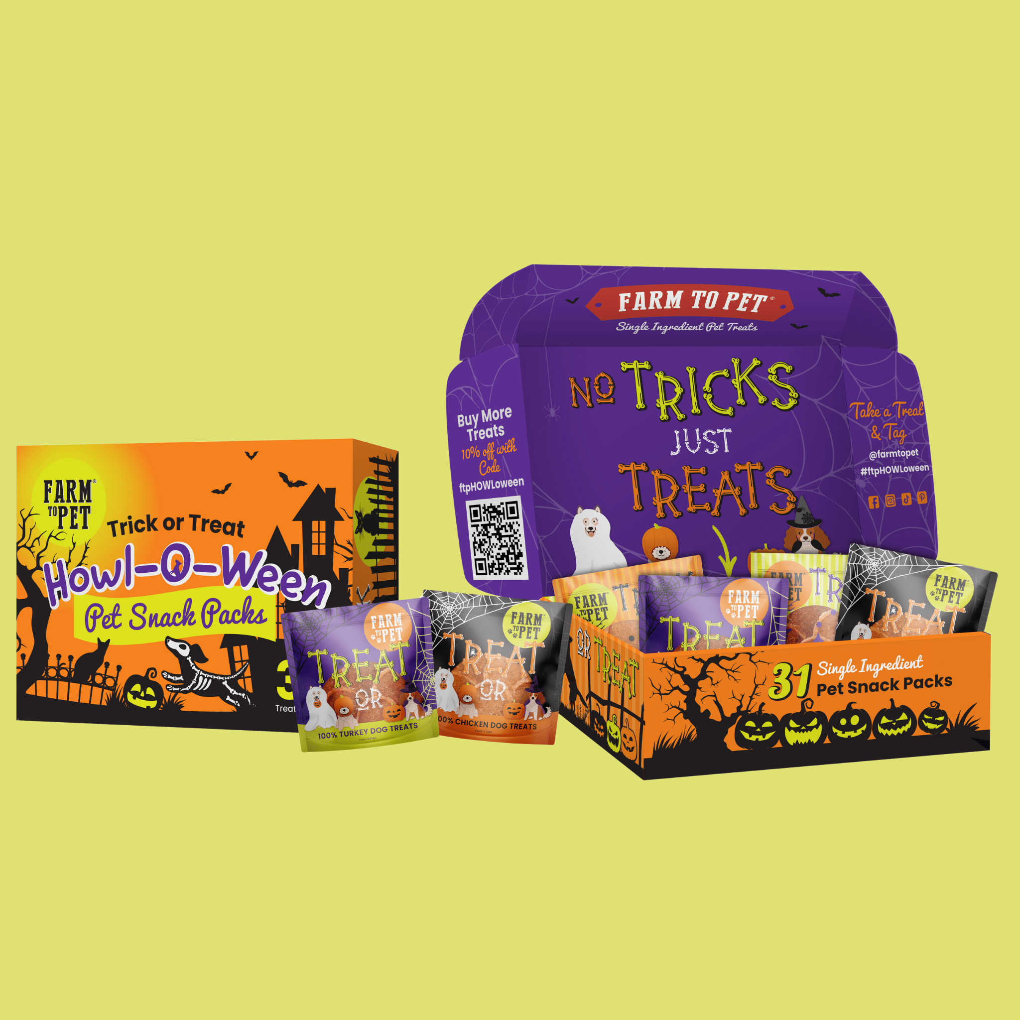 A Halloween-themed pet snack packs from Farmto-pettreats on a yellow background. Closed and Open 
