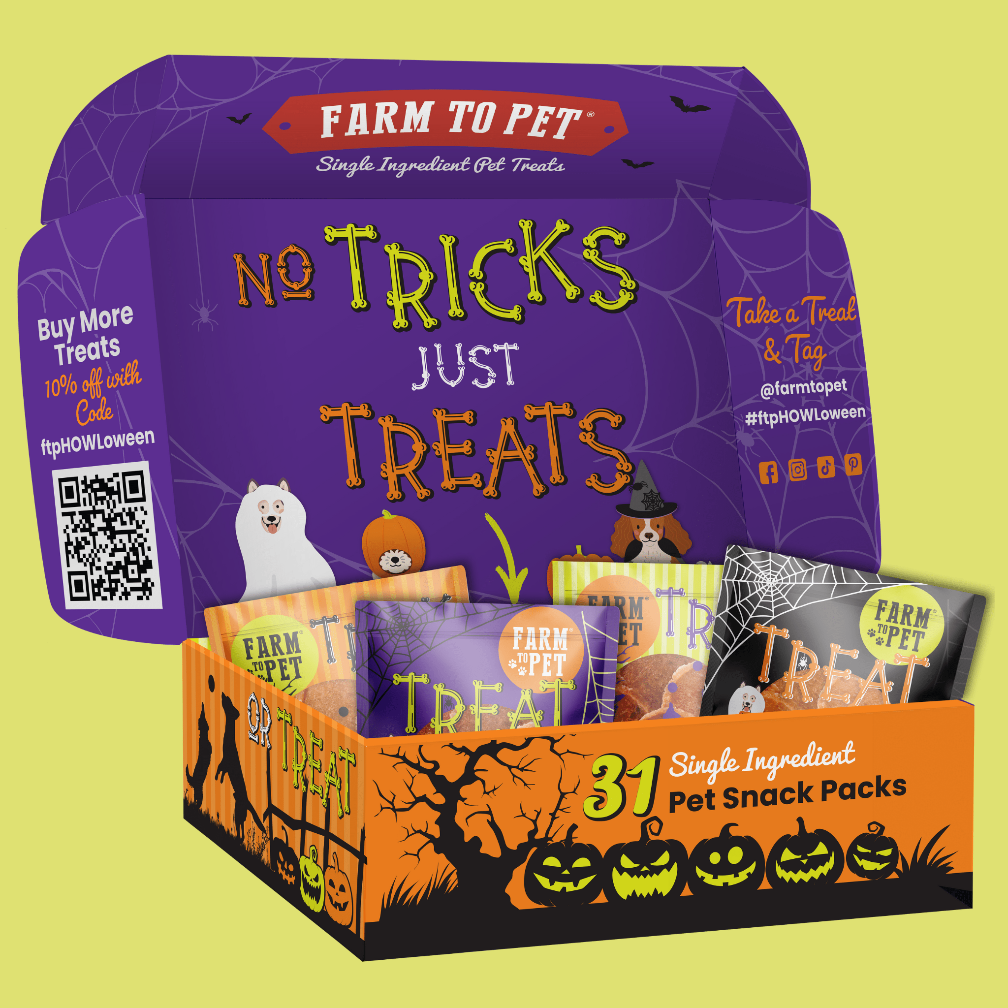 An open box of Farmto-pettreats 31 Snack Packs  with Halloween-themed design on a yellow background