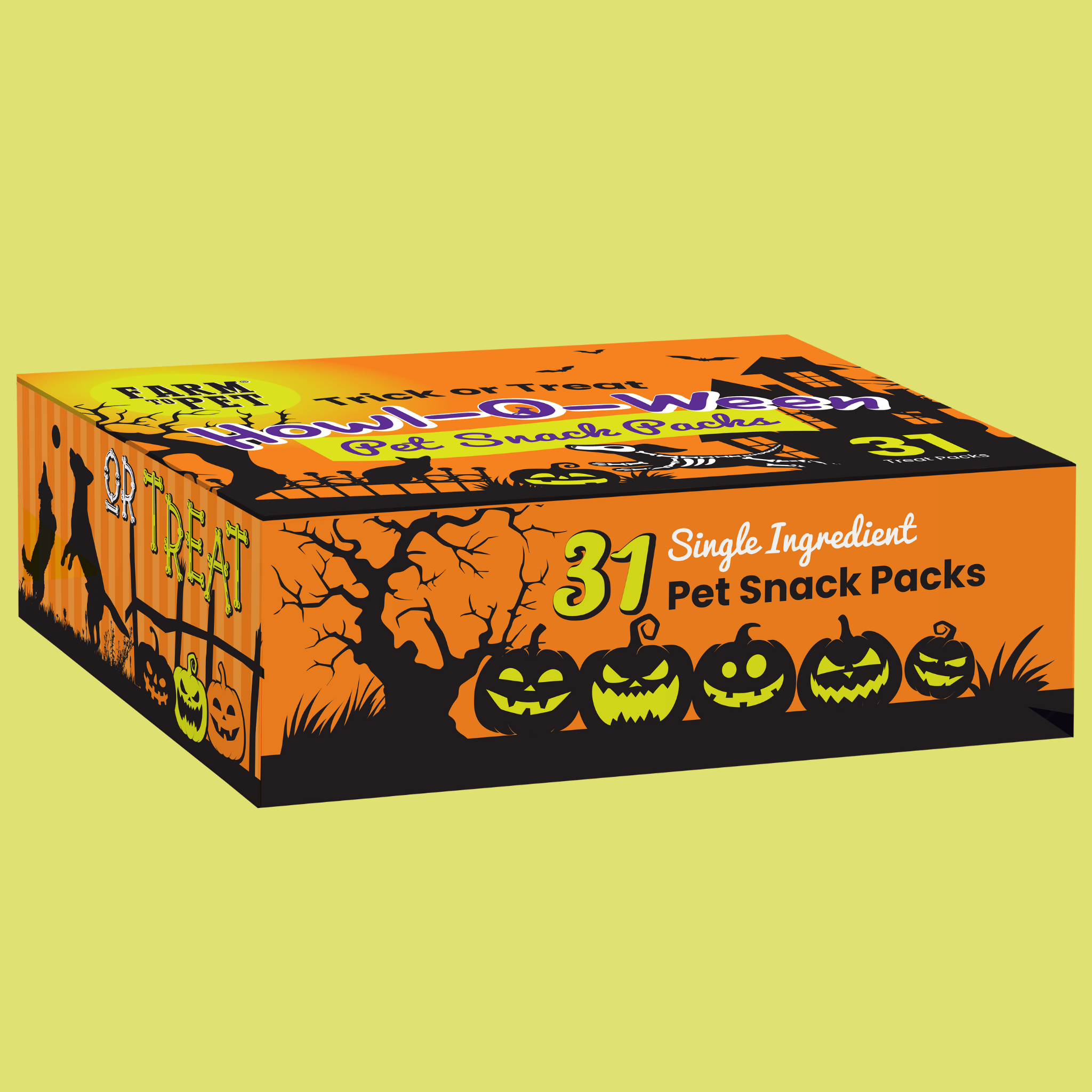 A Farmto-pettreats Halloween-themed pet snack packs box on a yellow background. Close side view 
