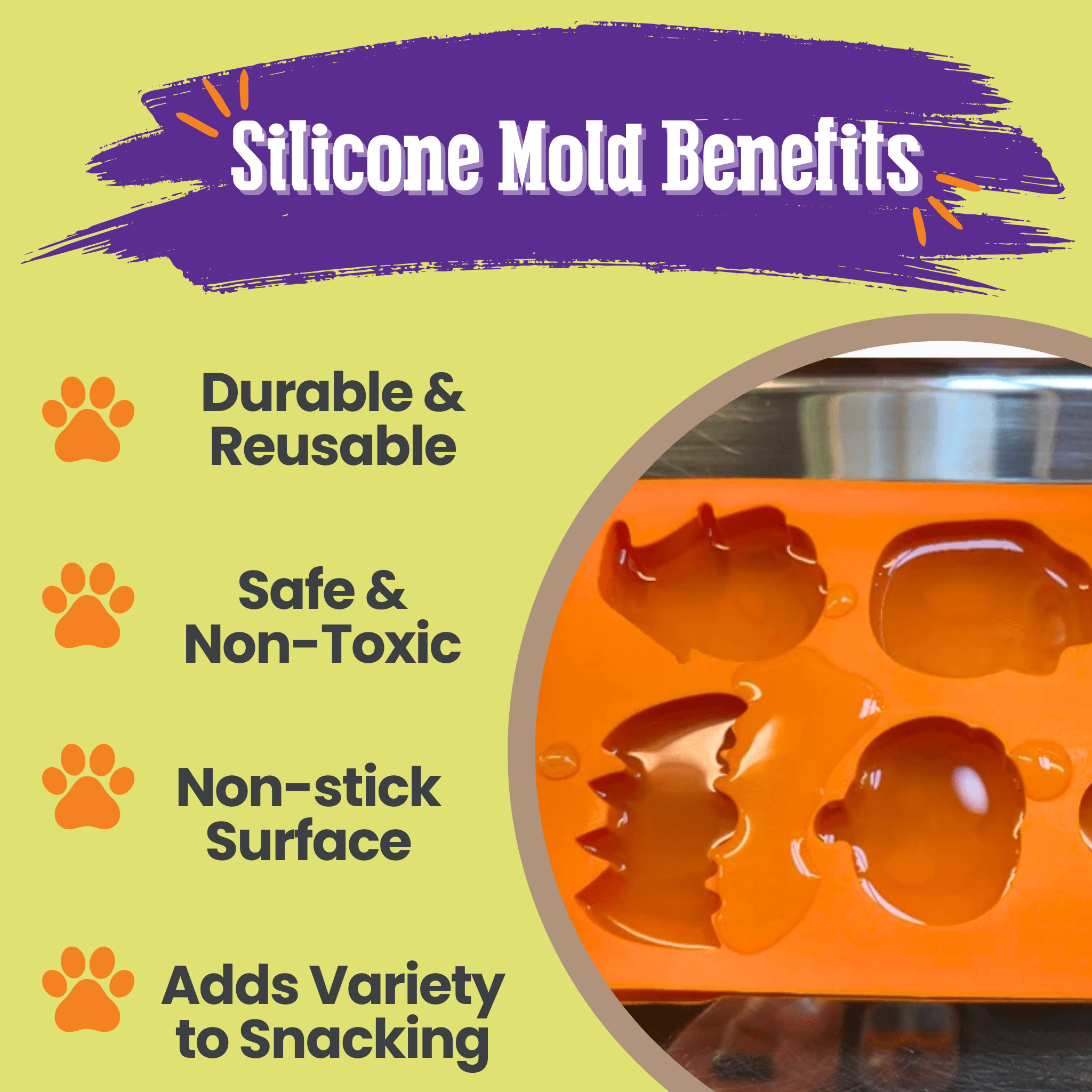 Farmto-pettreats Treat Mold made of orange Silicone with benefits listed on a green background