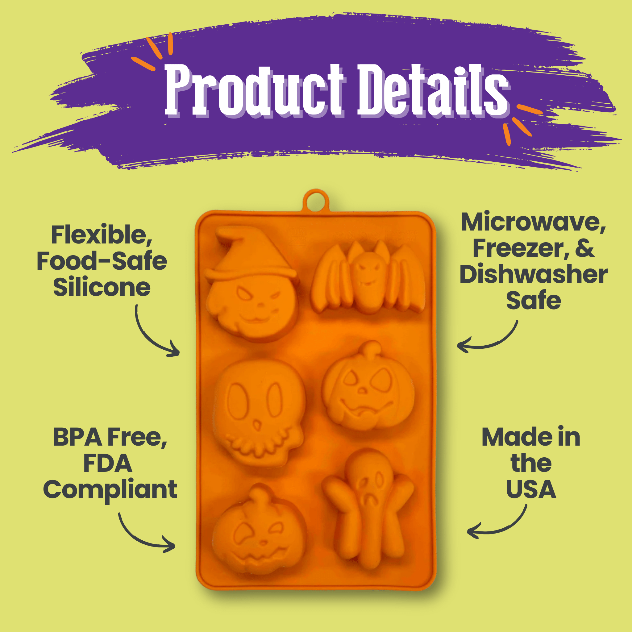 Farmto-pettreats Treat Mold Halloween-themed  orange silicone mold on a yellow background with product details text. Back of Mold 
