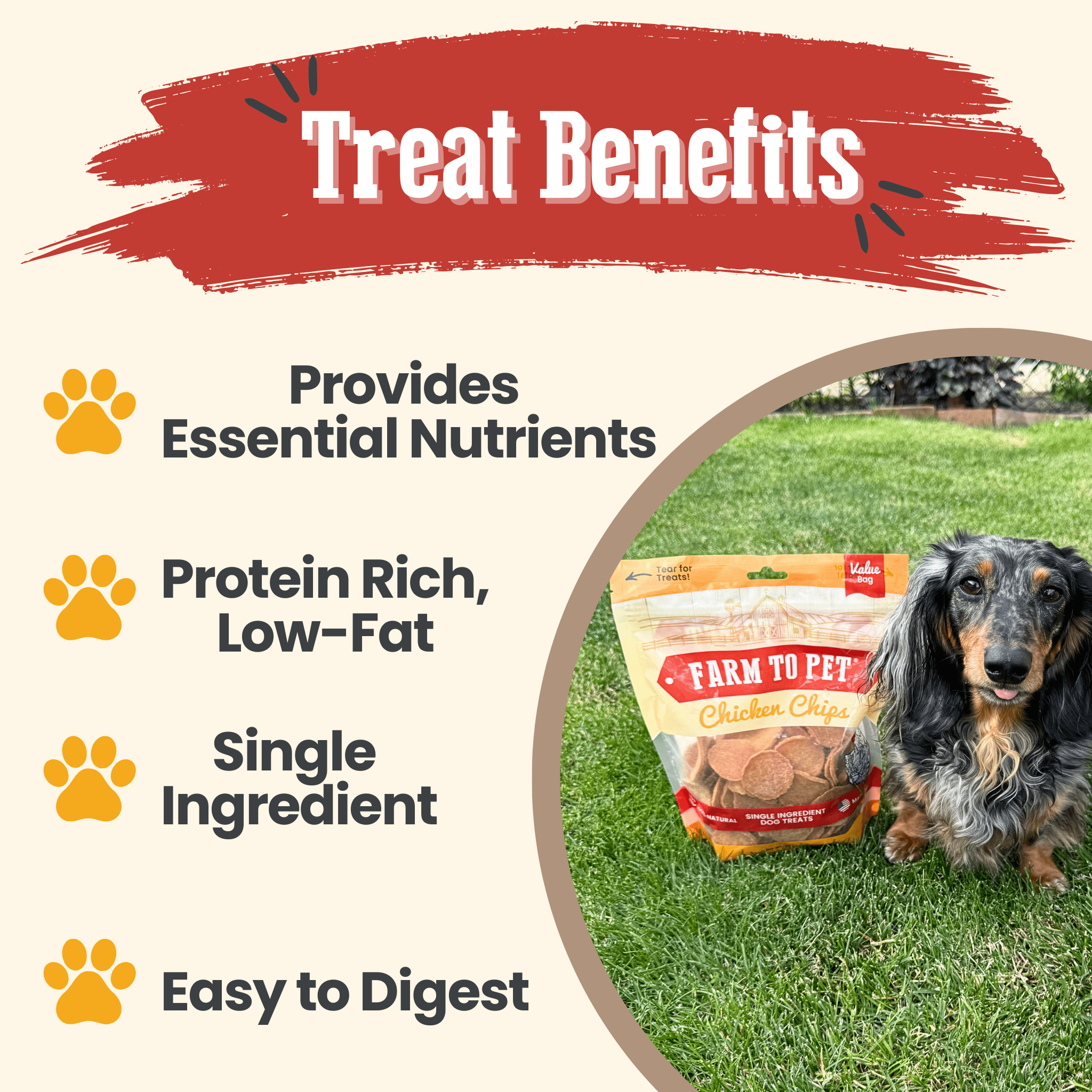 A dog sitting next to a Farmto-pettreats Value Bag and text about treat benefits.