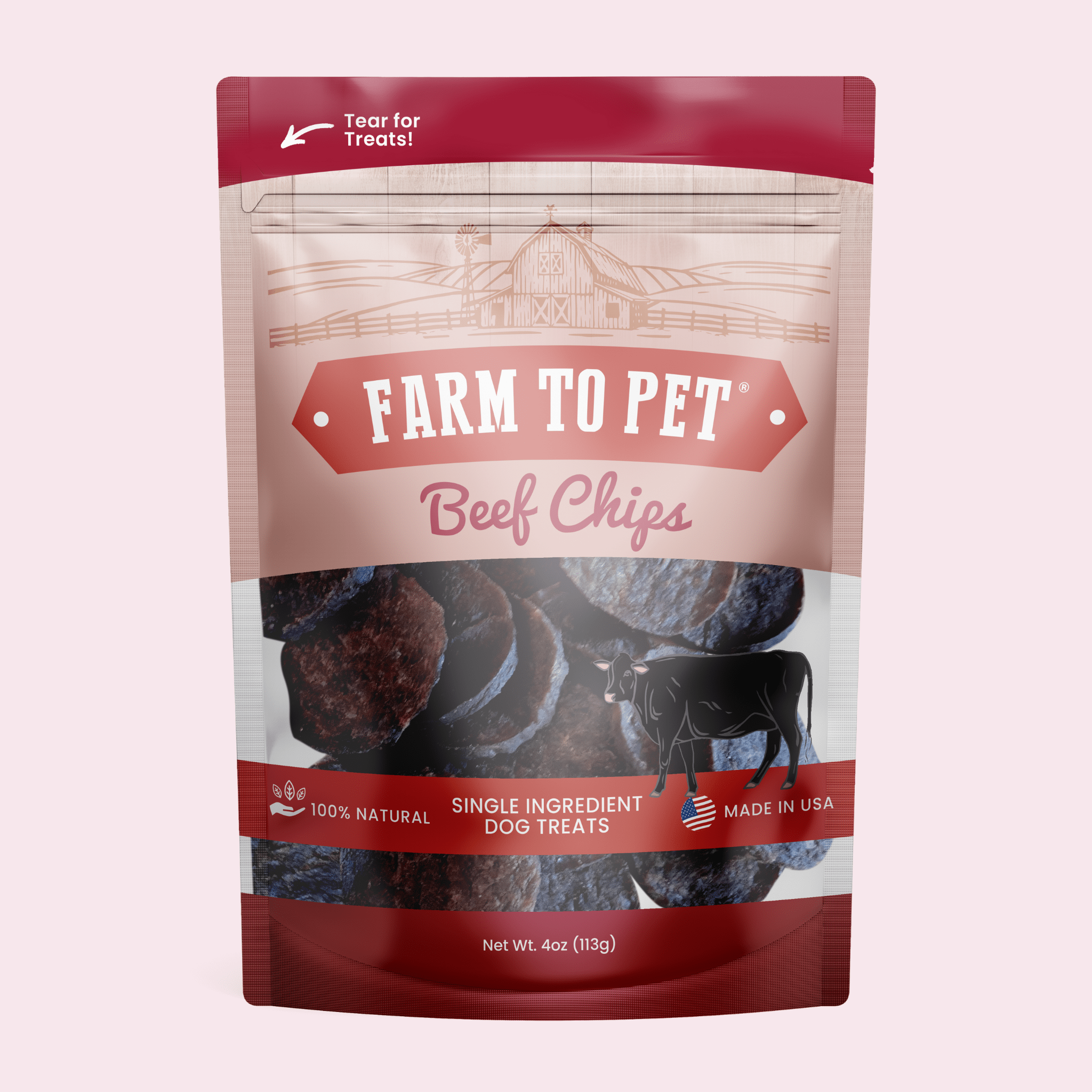 A Package of Farmto-pettreats Beef Chips dog treats on a pink background.