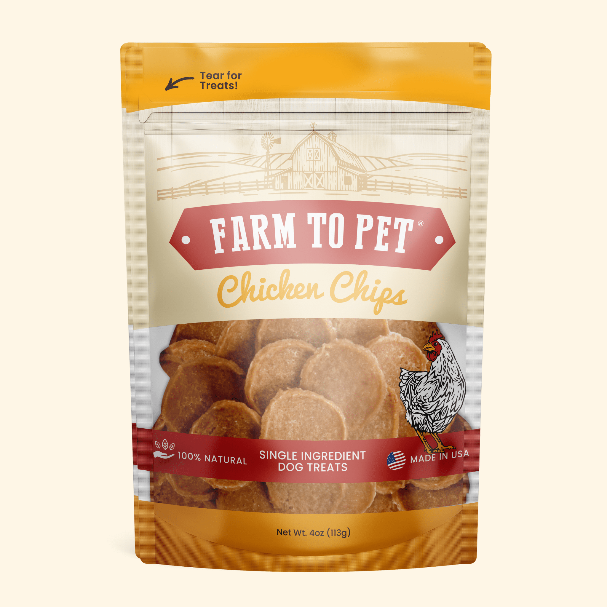 Package of Farmto-pettreats Chicken Chips dog treats on a white background.