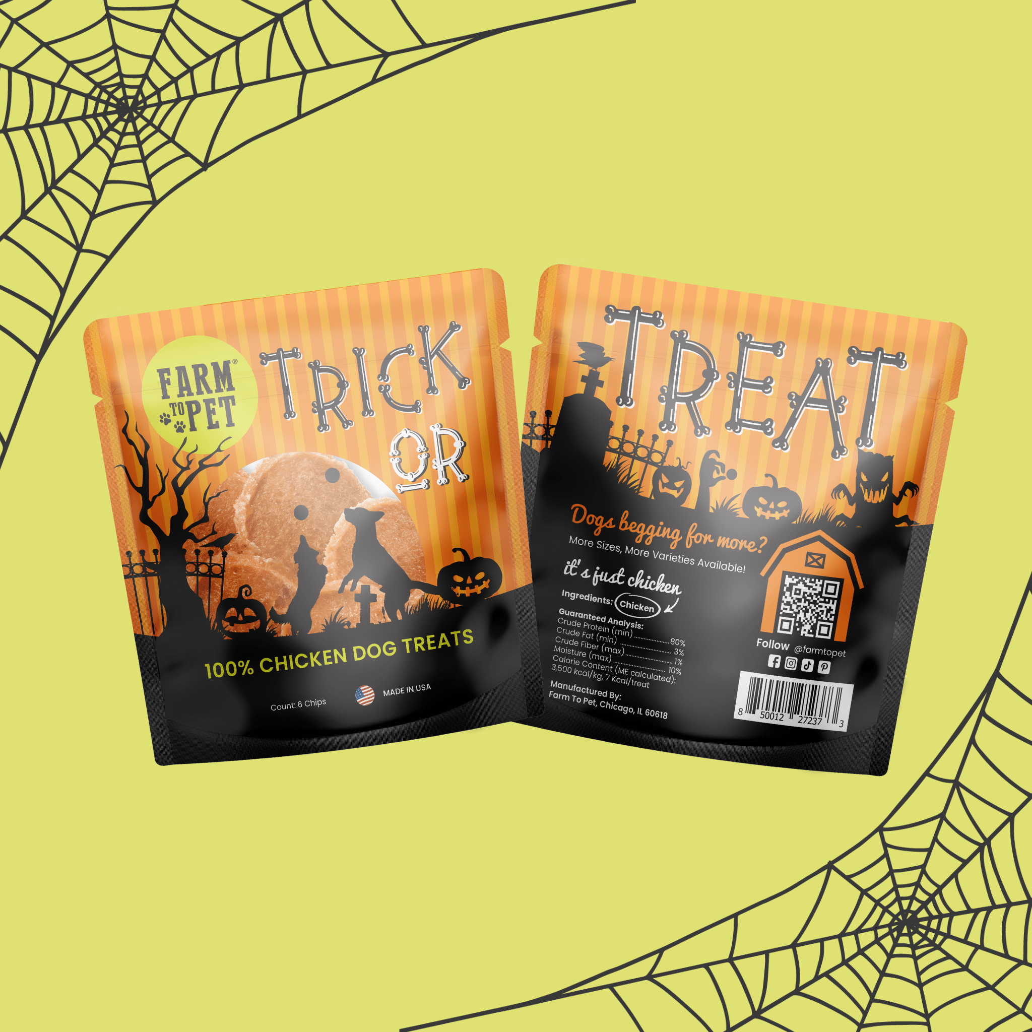 Two Halloween-themed Farmto-pettreats  chicken dog snack pack treat packages on a yellow background with spider webs. front and back of bag

