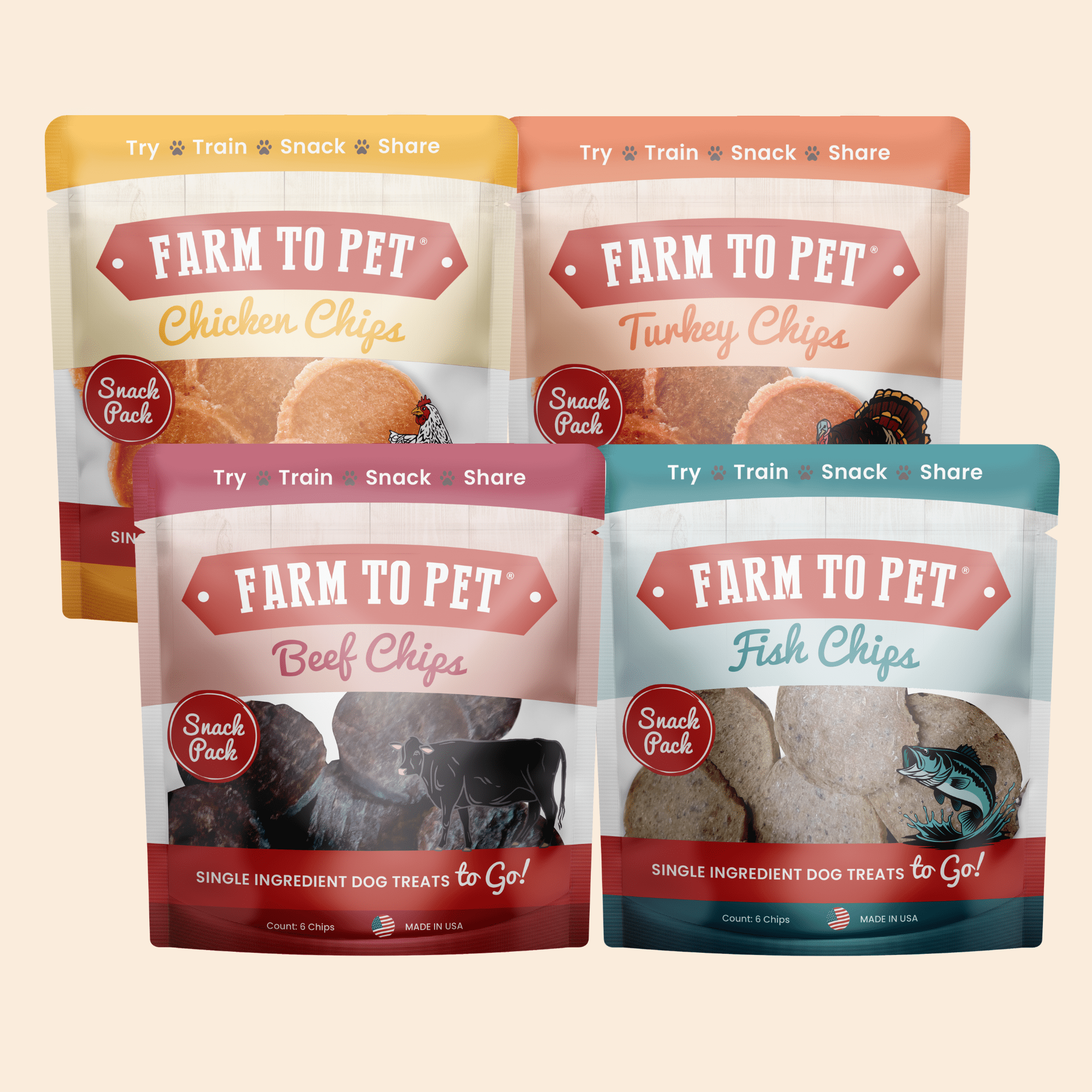 Four packages of Farmto-pettreats dog treats on a beige background .