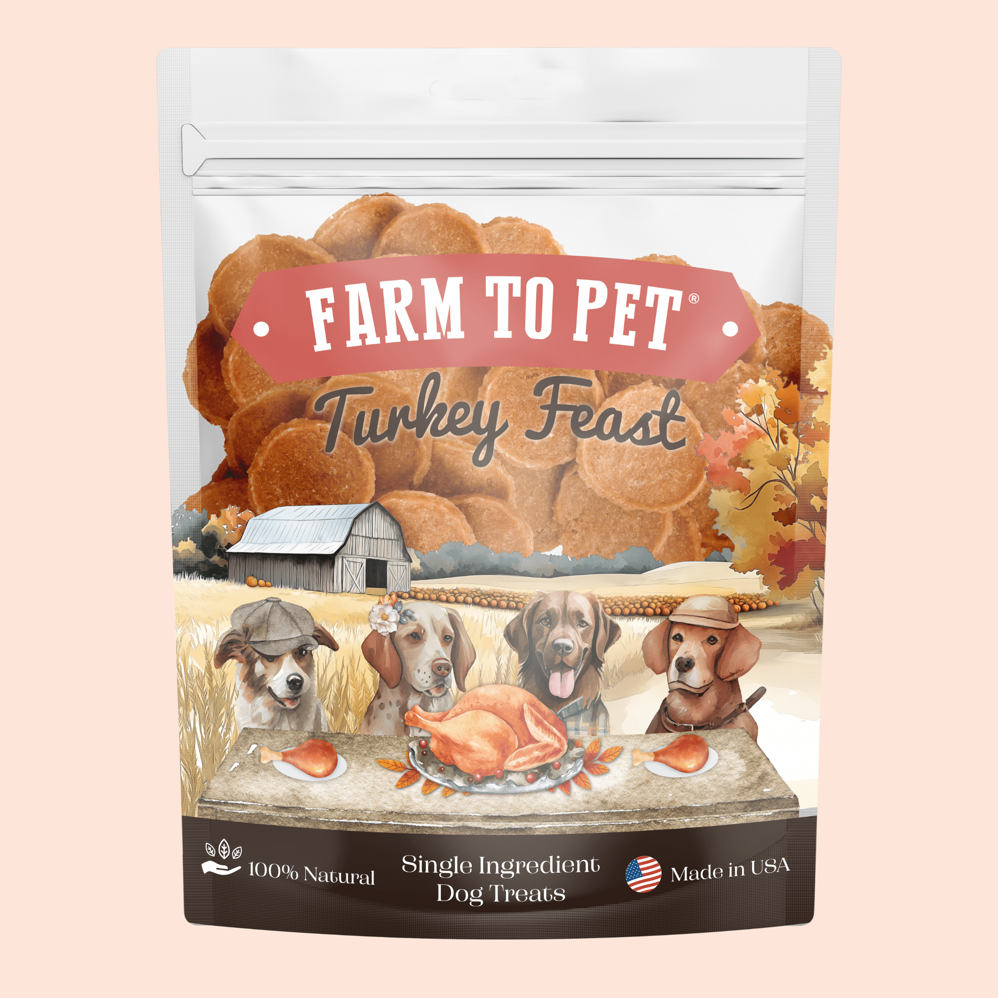 Dog treats packaging labeled Farmto-pettreats Turkey Feast with illustrations of dogs sitting at a table with a turkey on a pink background of a farm scene.