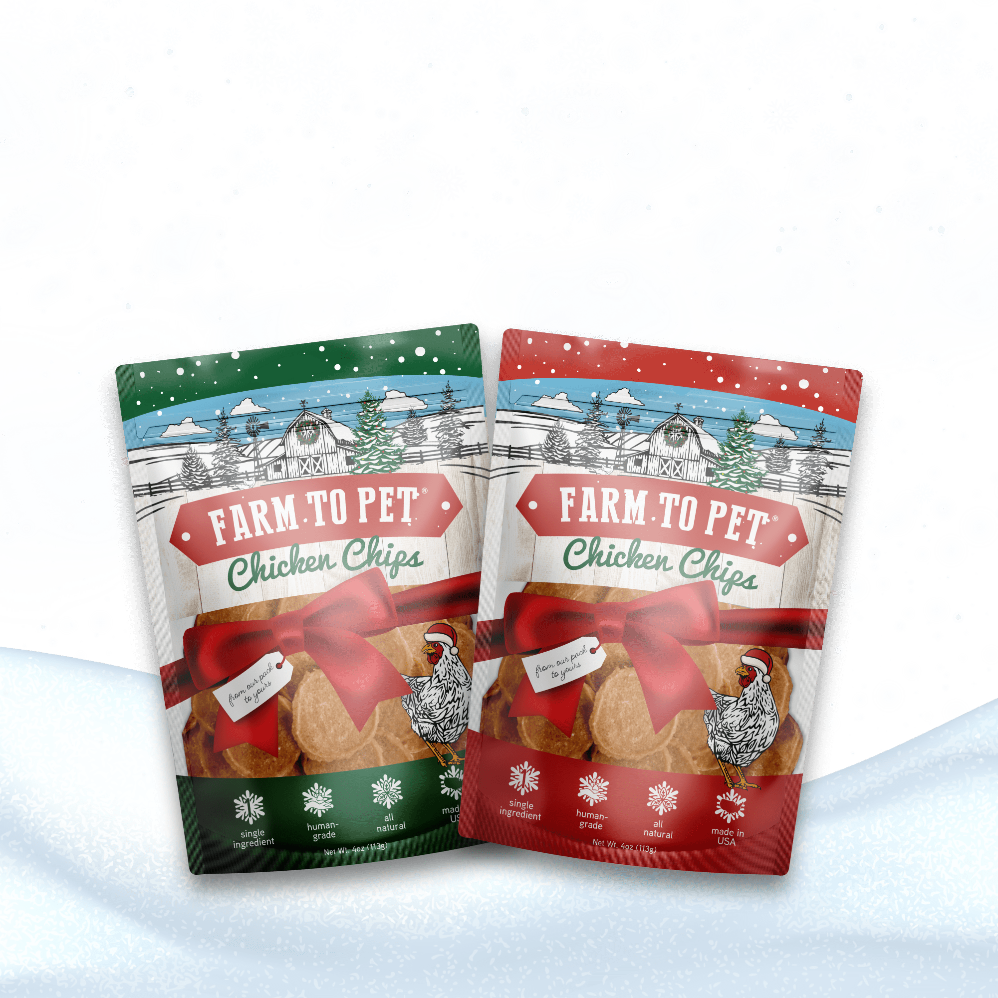 Product picture of 2 bags  Farmto-pettreats Holiday Chicken Chips on a white background.