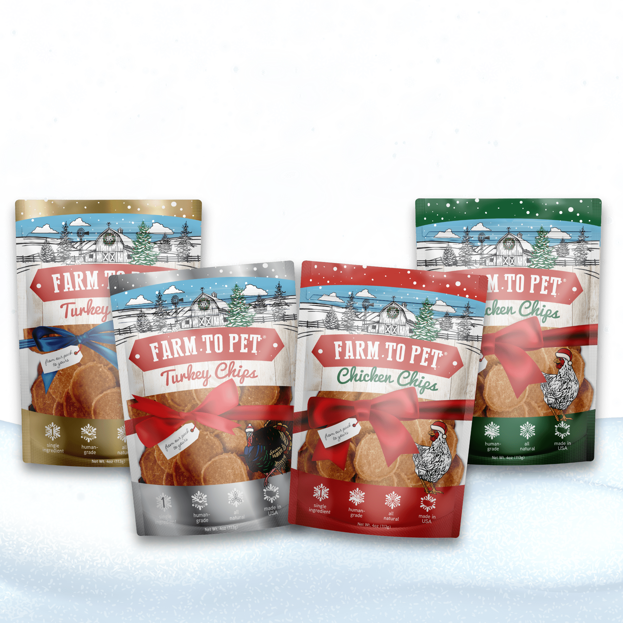 Product picture 2 bags of Farmto-pettreats Turkey and 2 bags of Chicken Holiday Chips on a white background. 