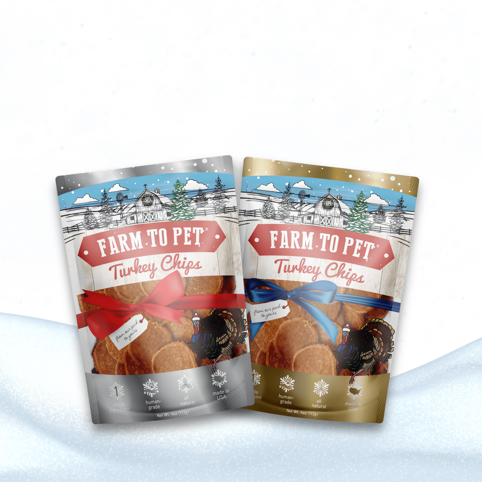 Product picture of 2 bags  Farmto-pettreats Holiday Turkey Chips on a white background.