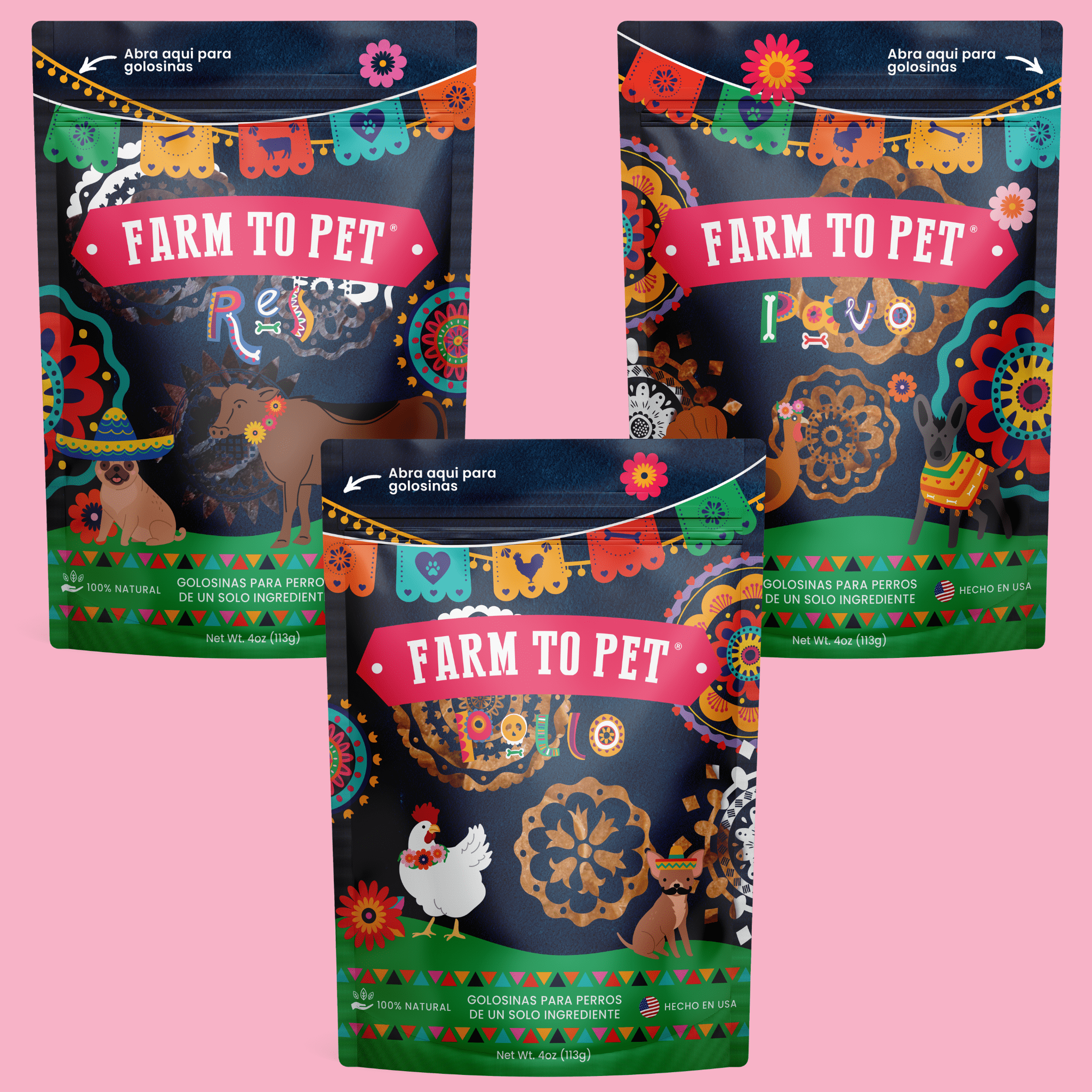 Three very colorful packages of Farmto-pettreats Fiesta dog food treats on a pink background.