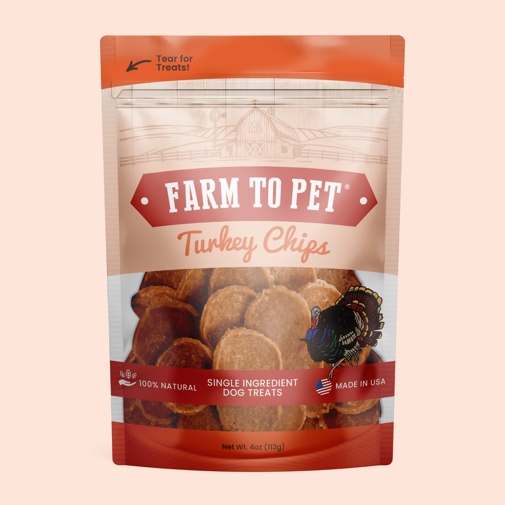 Package of Farmto-pettreats Turkey Chips dog treats on a beige background.