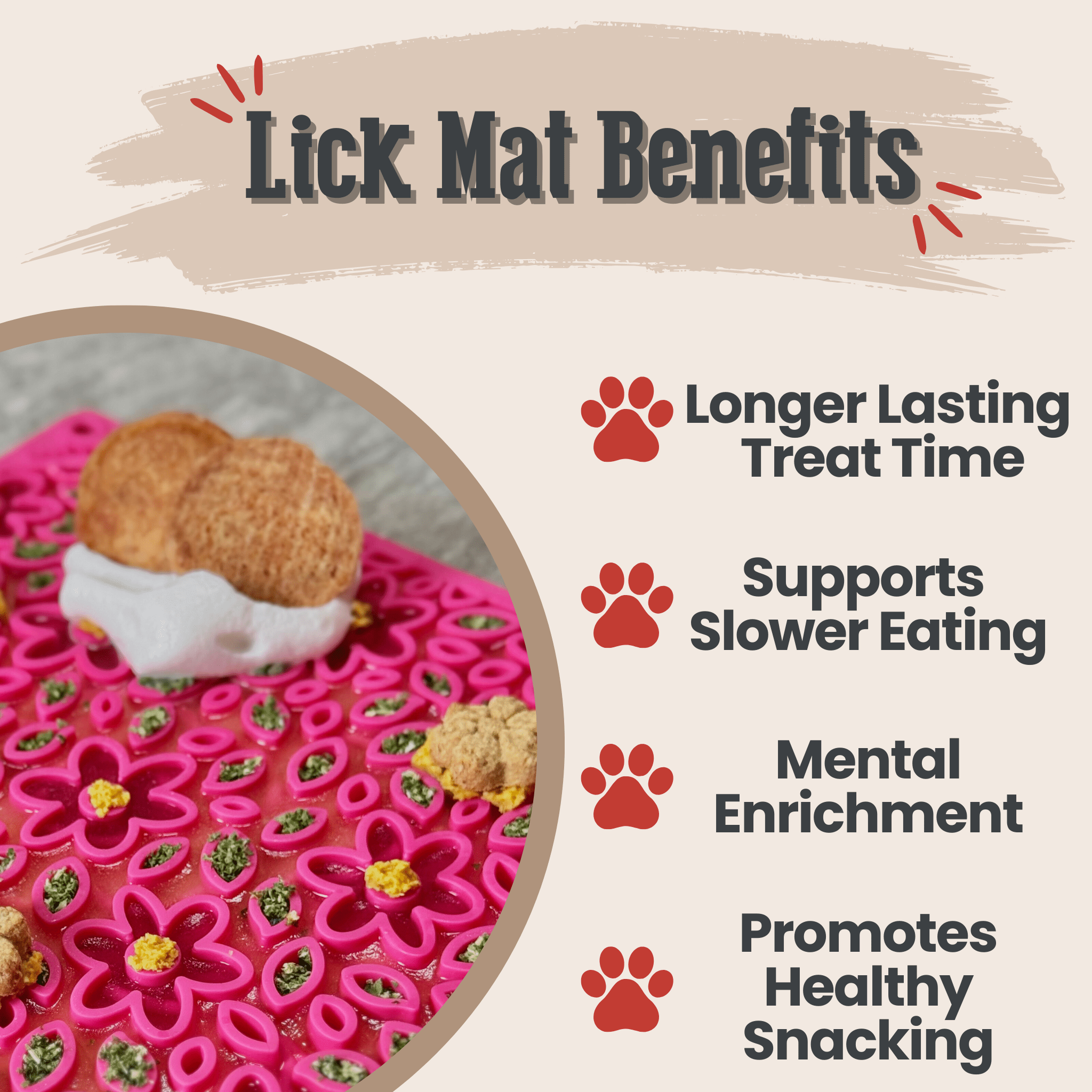 Farmto-pettreats Pink Flower Power Lick Mat with chicken chips and treats with text listing benefits on a beige background.
