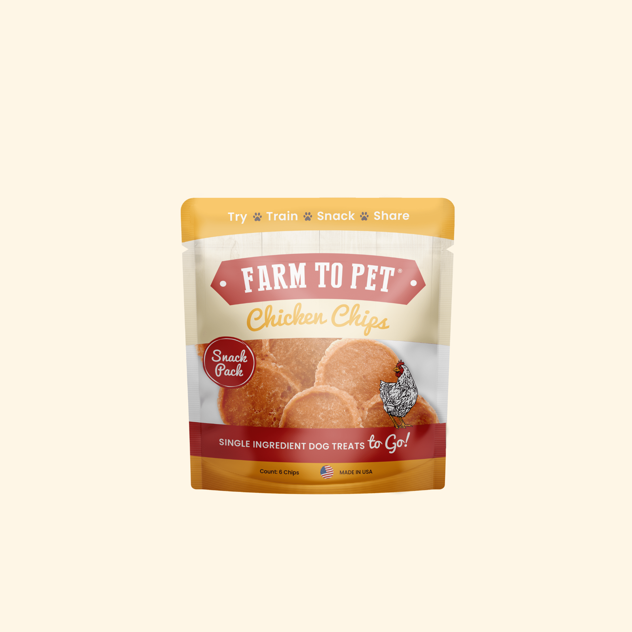 Snack Pack of Farmto-pettreats Chicken Chips on a beige background
