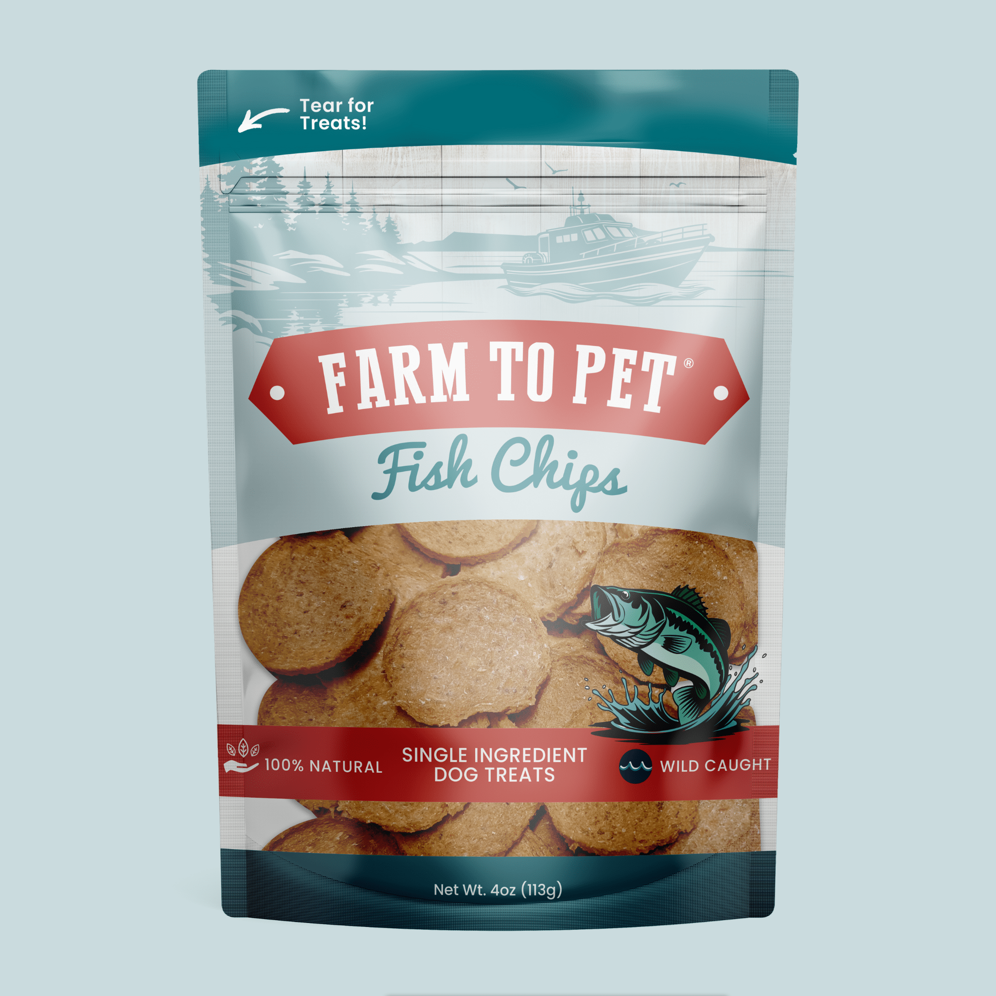 A package of Farmto-pettreats Fish Chips on a light blue background.