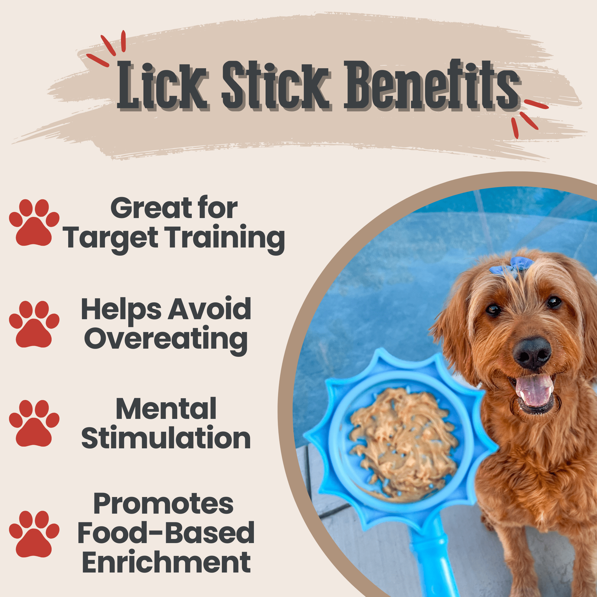 A Dog by a Farmto-pettreats blue flower lick stick with text highlighting benefits on a beige background.