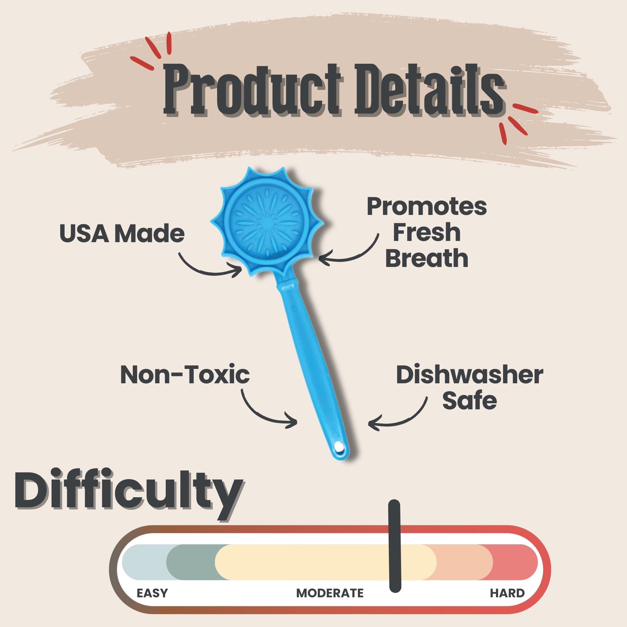 Product details and difficulty rating of a blue flower Farmto-pettreats Lick Stick promoting fresh breath, labeled as USA made, non-toxic, dishwasher safe, and easy to use.